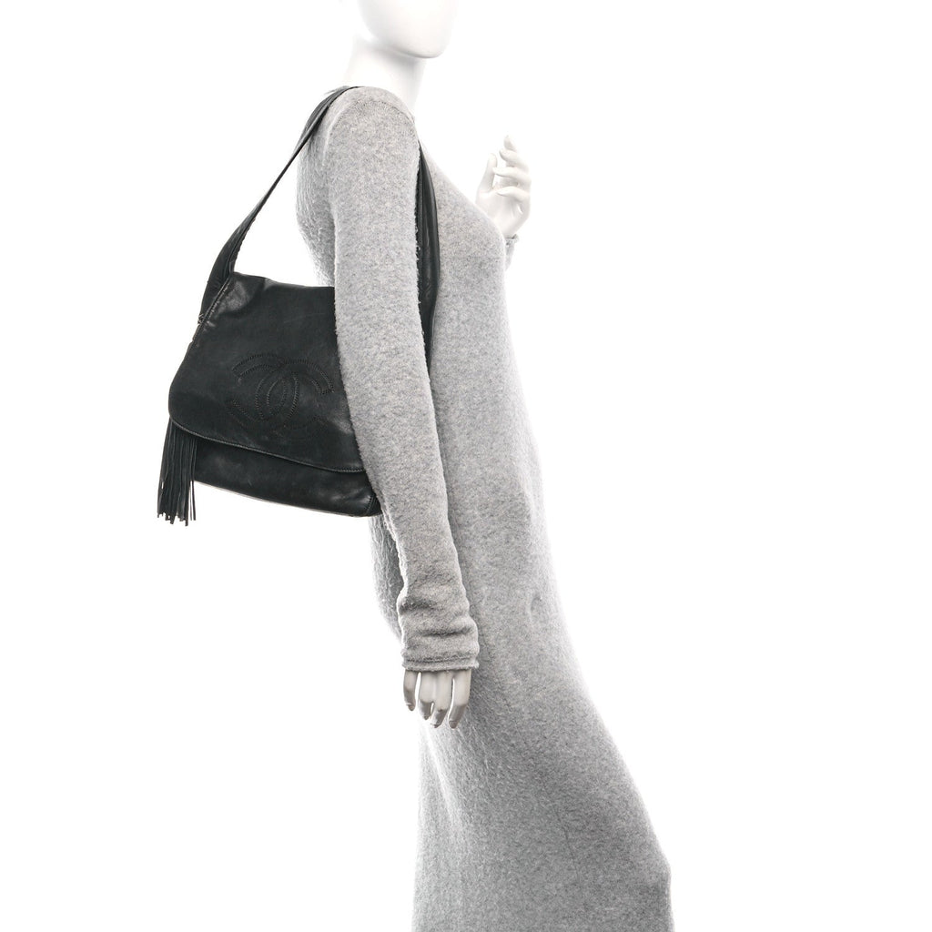 Lambskin CC Tassel Shoulder Flap Bag Black