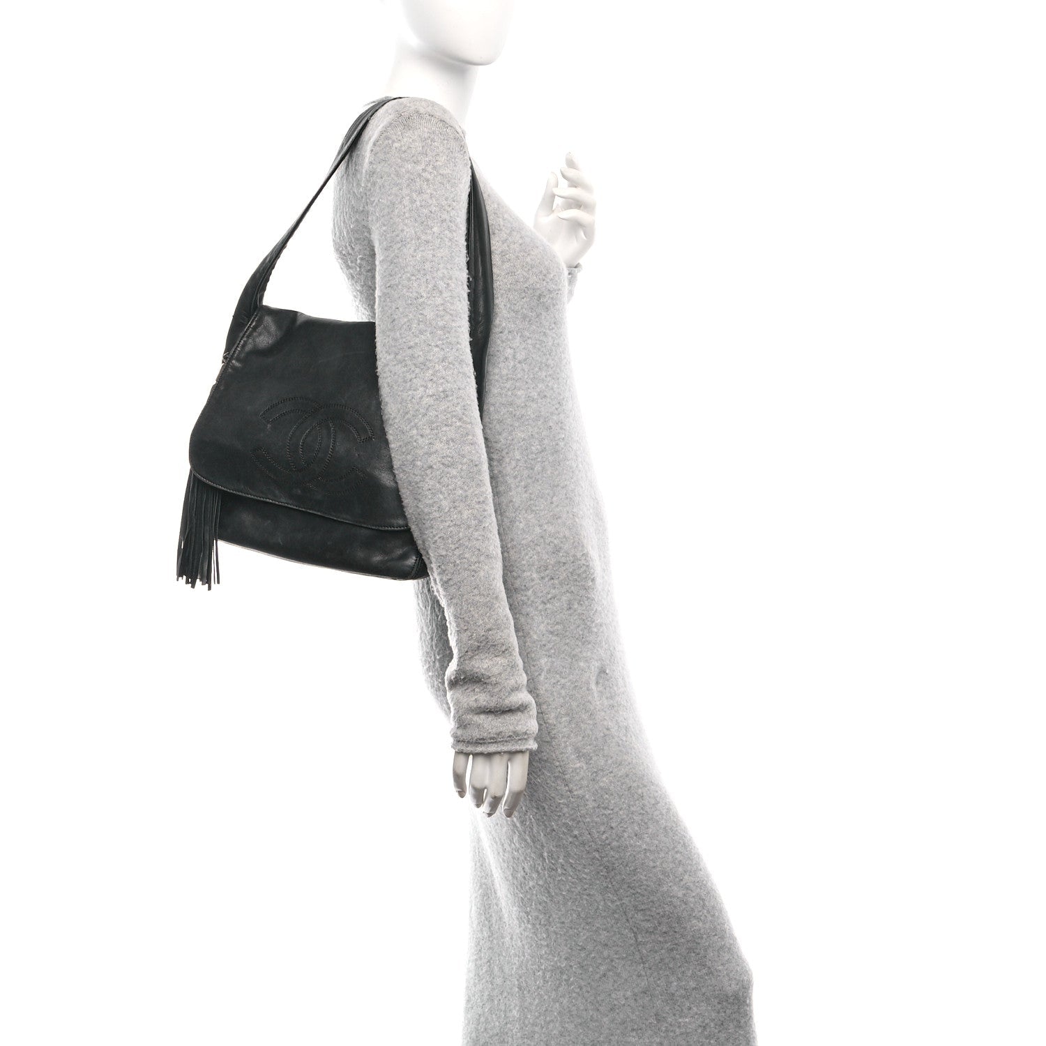 Lambskin CC Tassel Shoulder Flap Bag Black