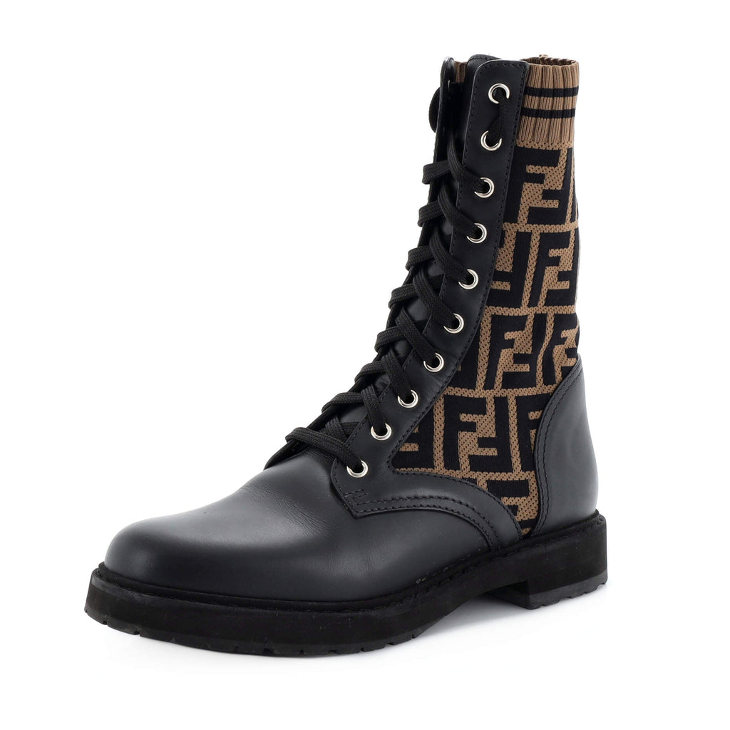 Women's Rockoko Combat Boots Leather and Zucca Knit Stretch Fabric