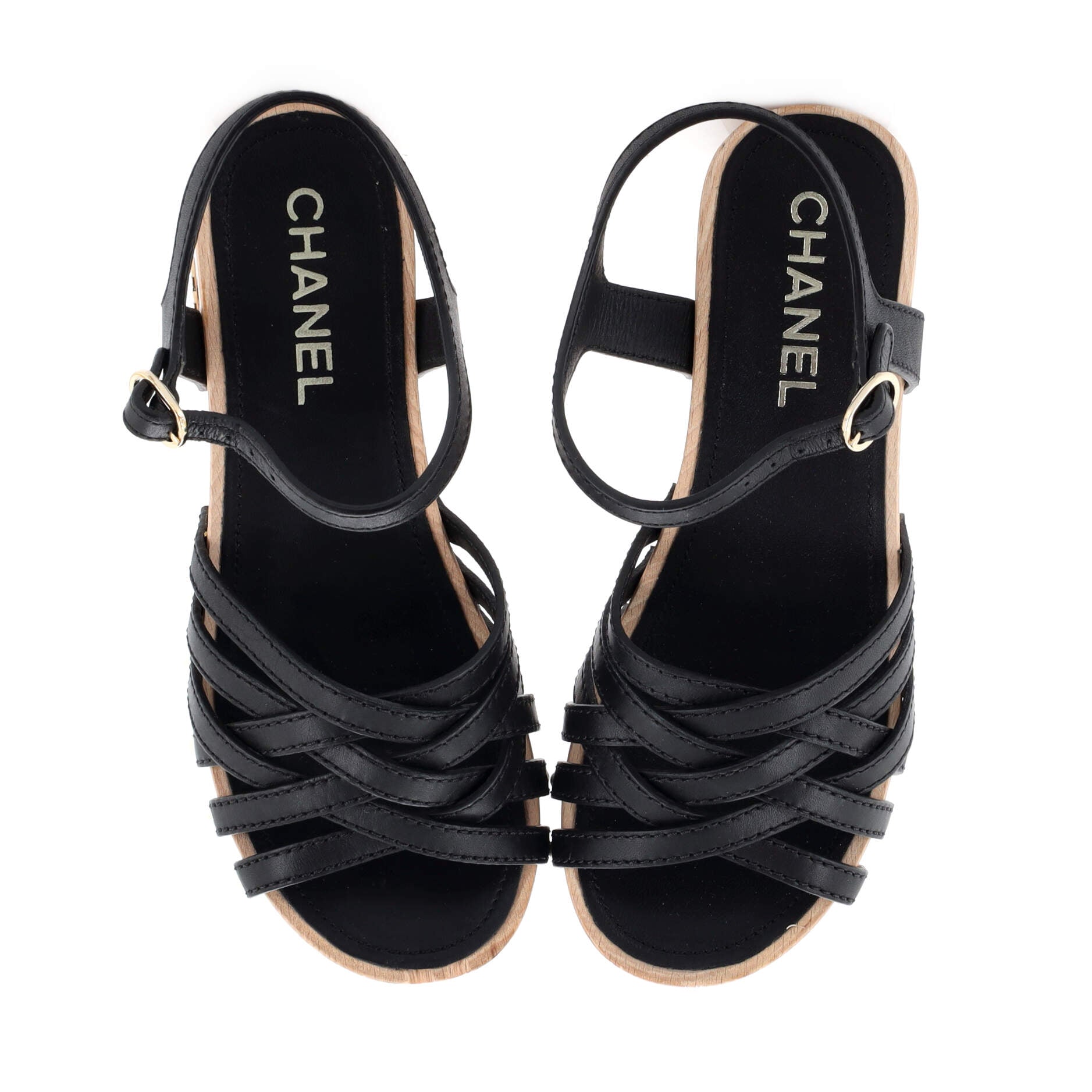 Women's Open Toe Platform Sandals Quilted Leather and Wood