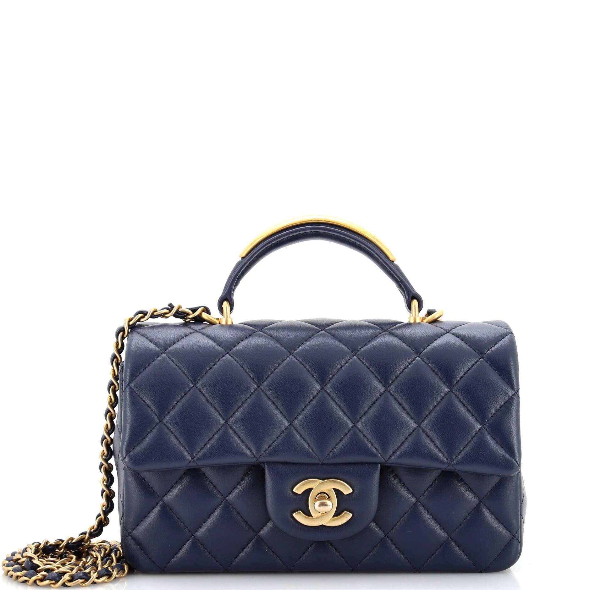 Classic Single Flap Metal Top Handle Bag Quilted Lambskin Mini