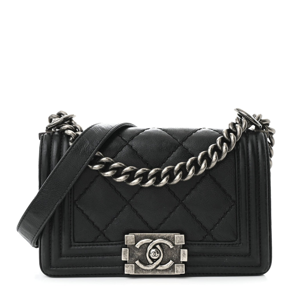 Calfskin Double Stitch Small Boy Flap Black