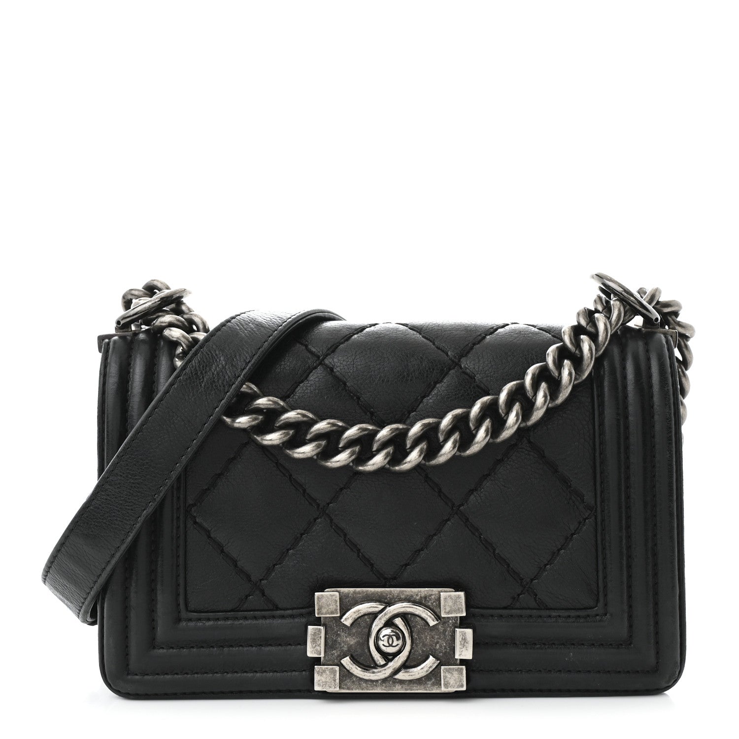 Calfskin Double Stitch Small Boy Flap Black