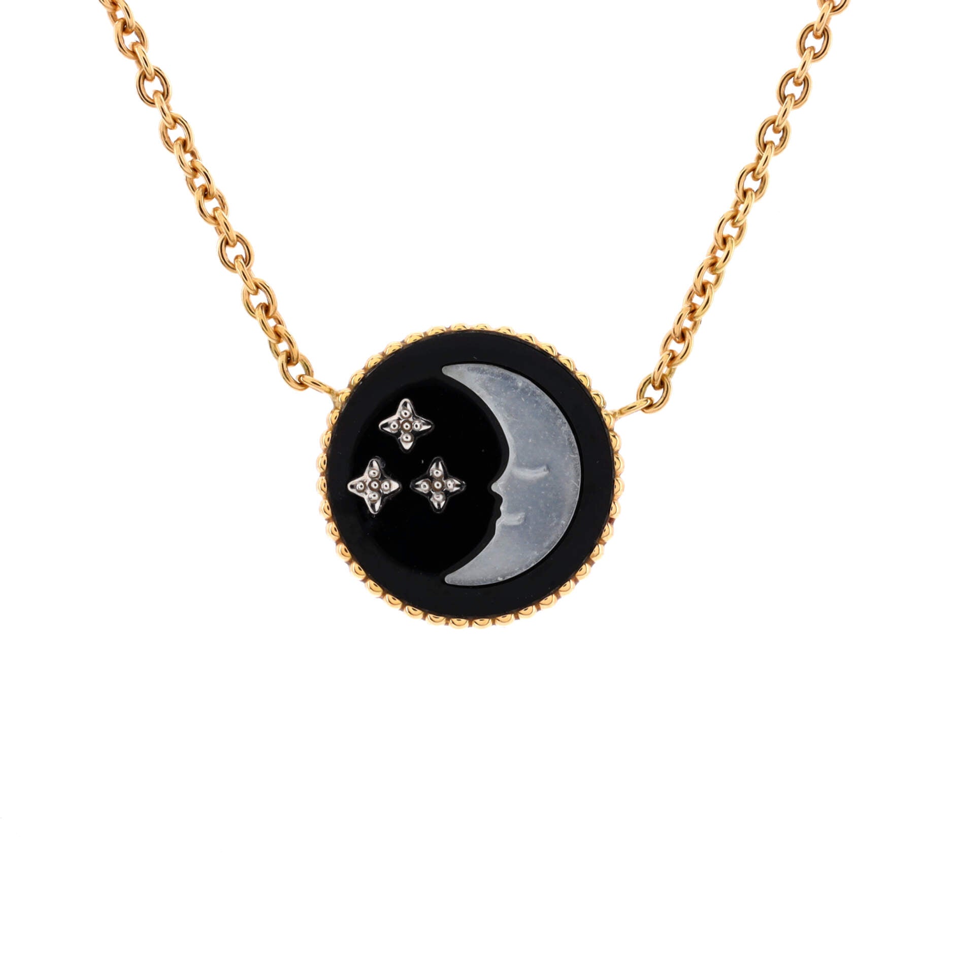 Rose Celeste Necklace 18K Yellow Gold and 18K White Gold with Diamond, Onyx, and Mother of Pearl