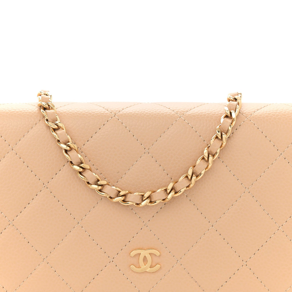 Caviar Quilted Wallet on Chain WOC Beige