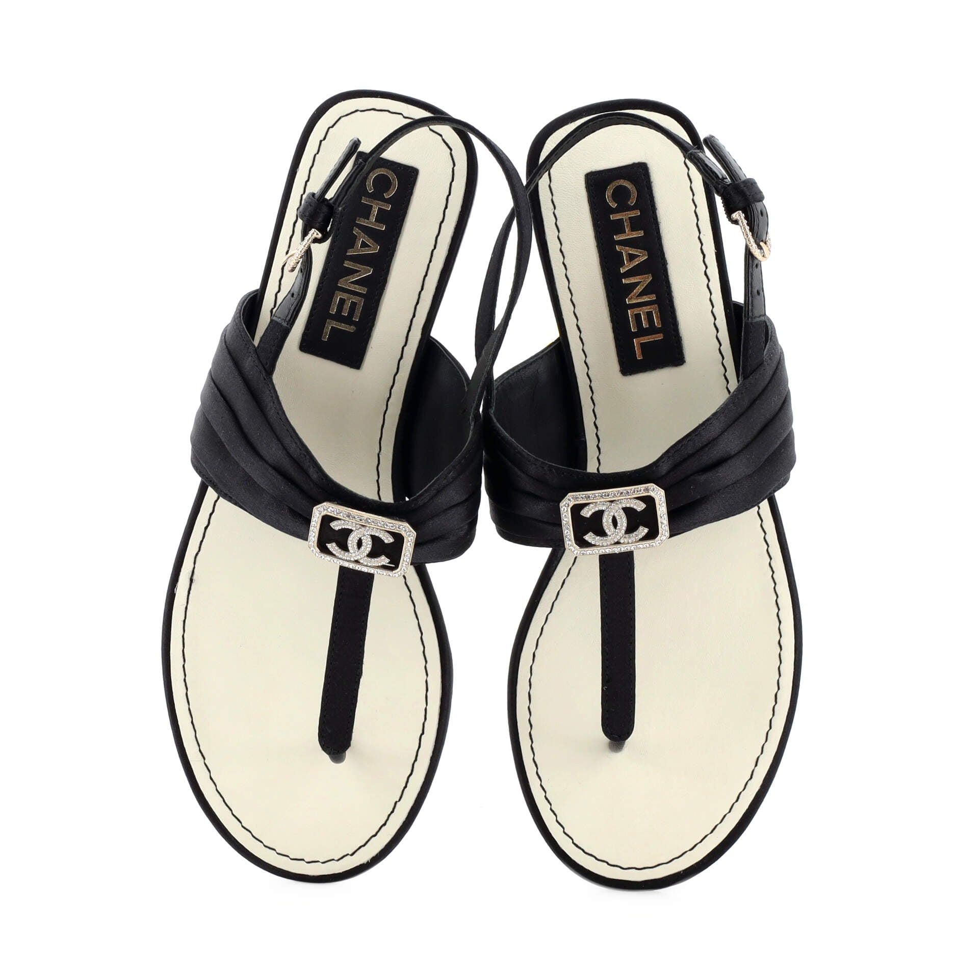Women's CC Slingback Thong Sandals Satin with Crystals