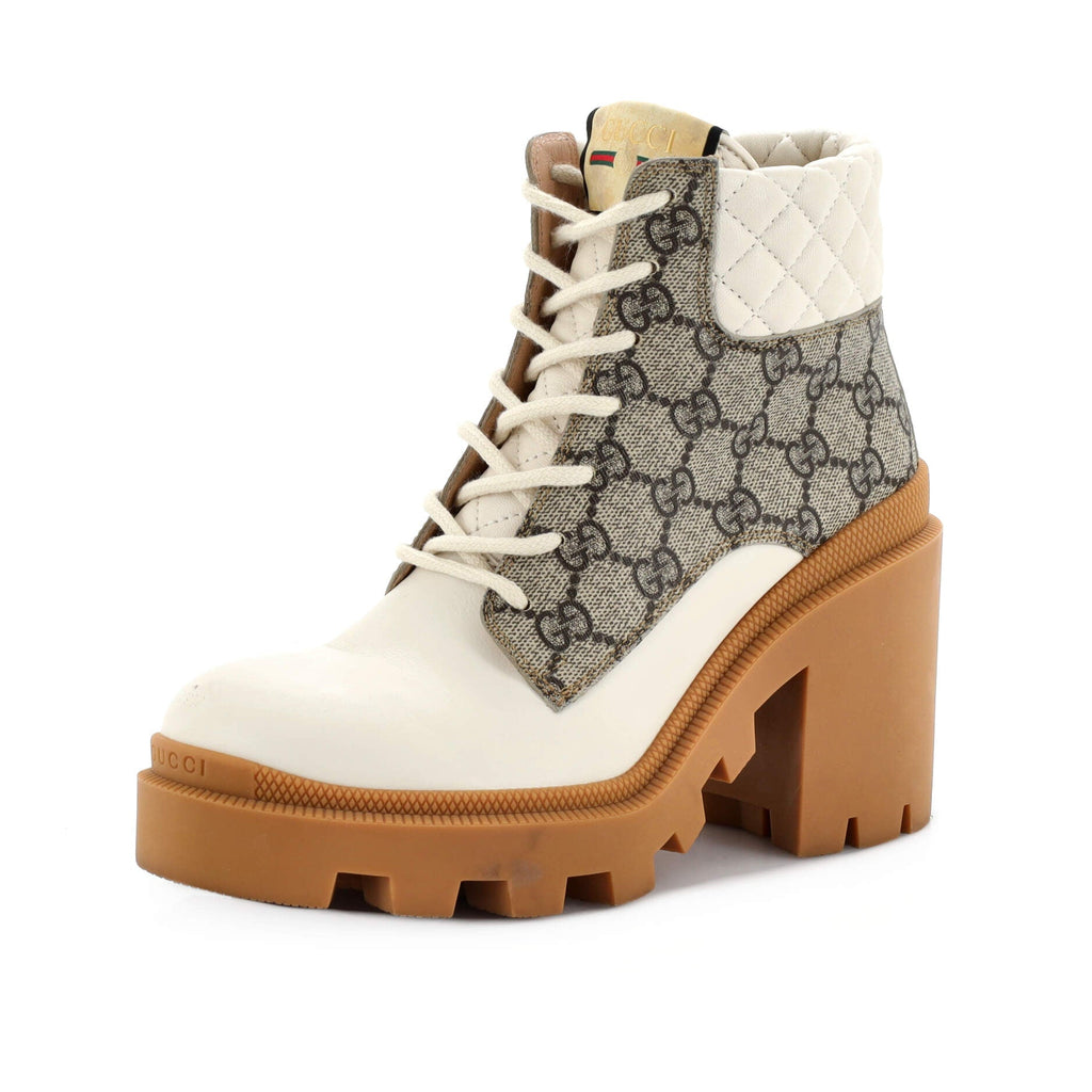 Women's Lace Up Heeled Ankle Boots GG Coated Canvas with Quilted Leather