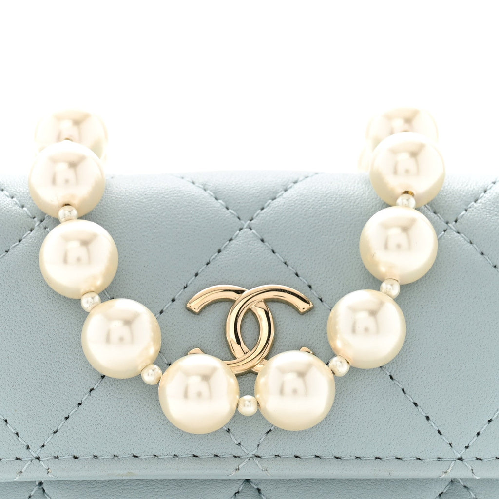 Lambskin Quilted Pearl Chain Belt Bag Light Blue
