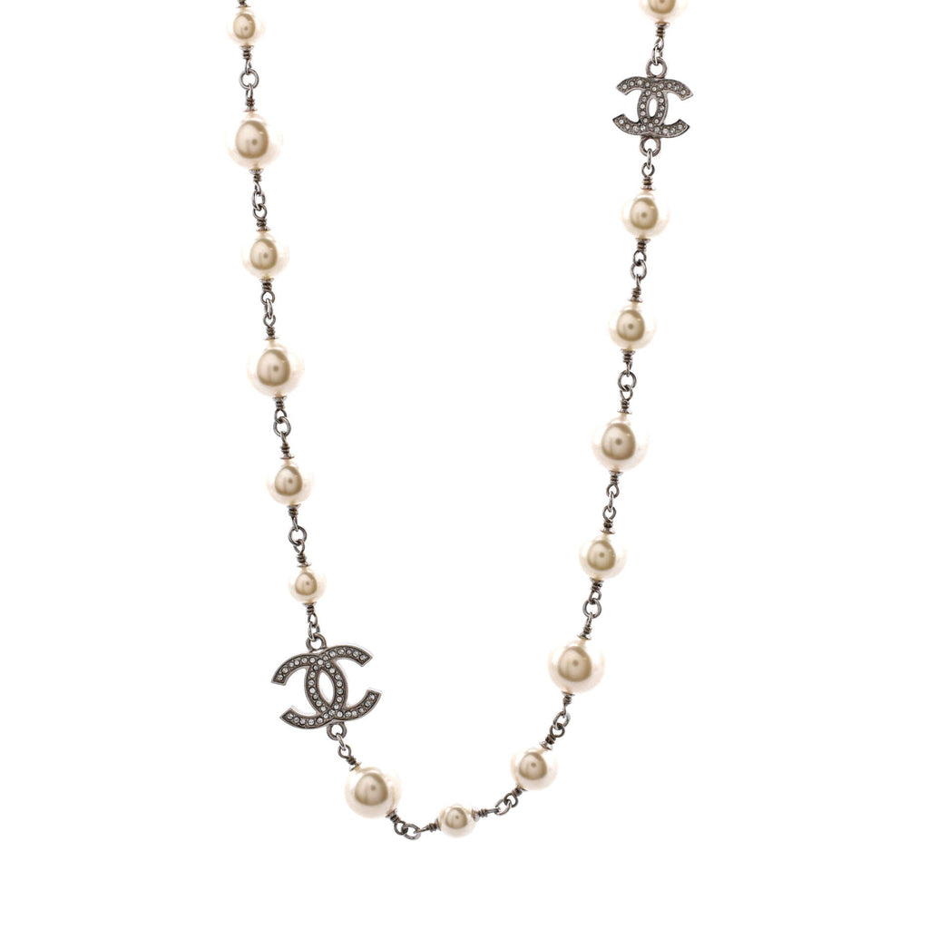CC Station Long Necklace Metal with Faux Pearls and Crystals