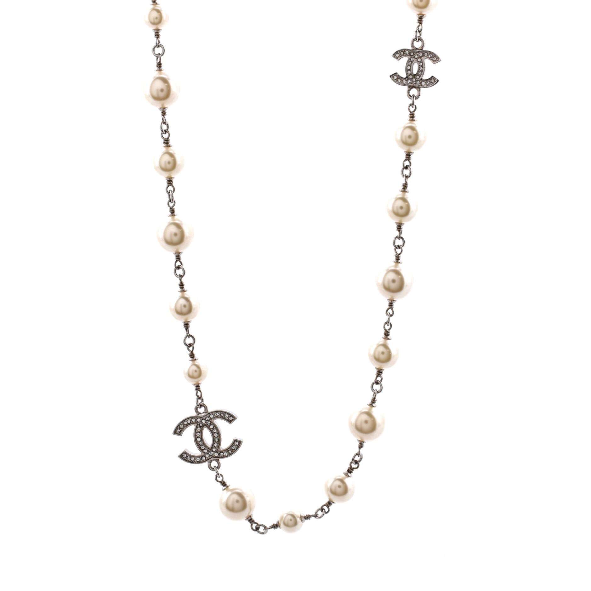 CC Station Long Necklace Metal with Faux Pearls and Crystals