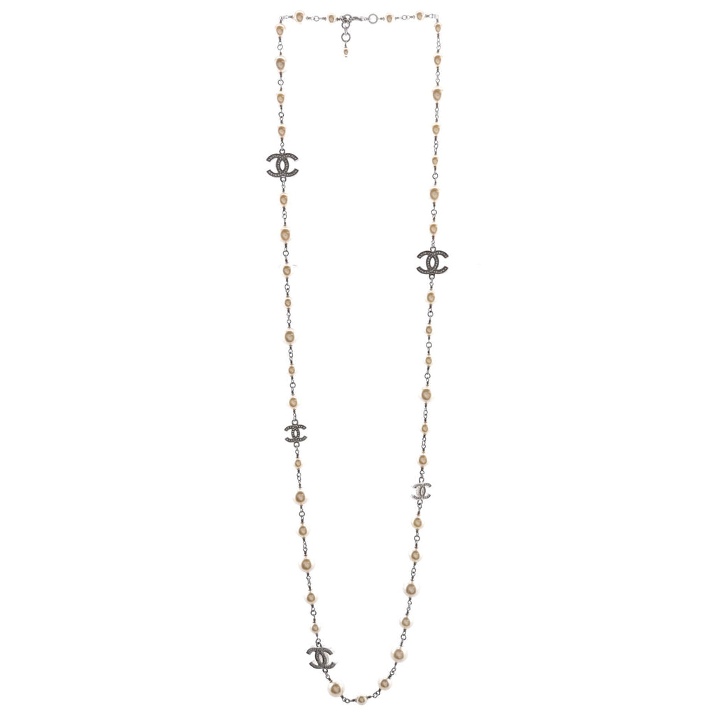 CC Station Long Necklace Metal with Faux Pearls and Crystals