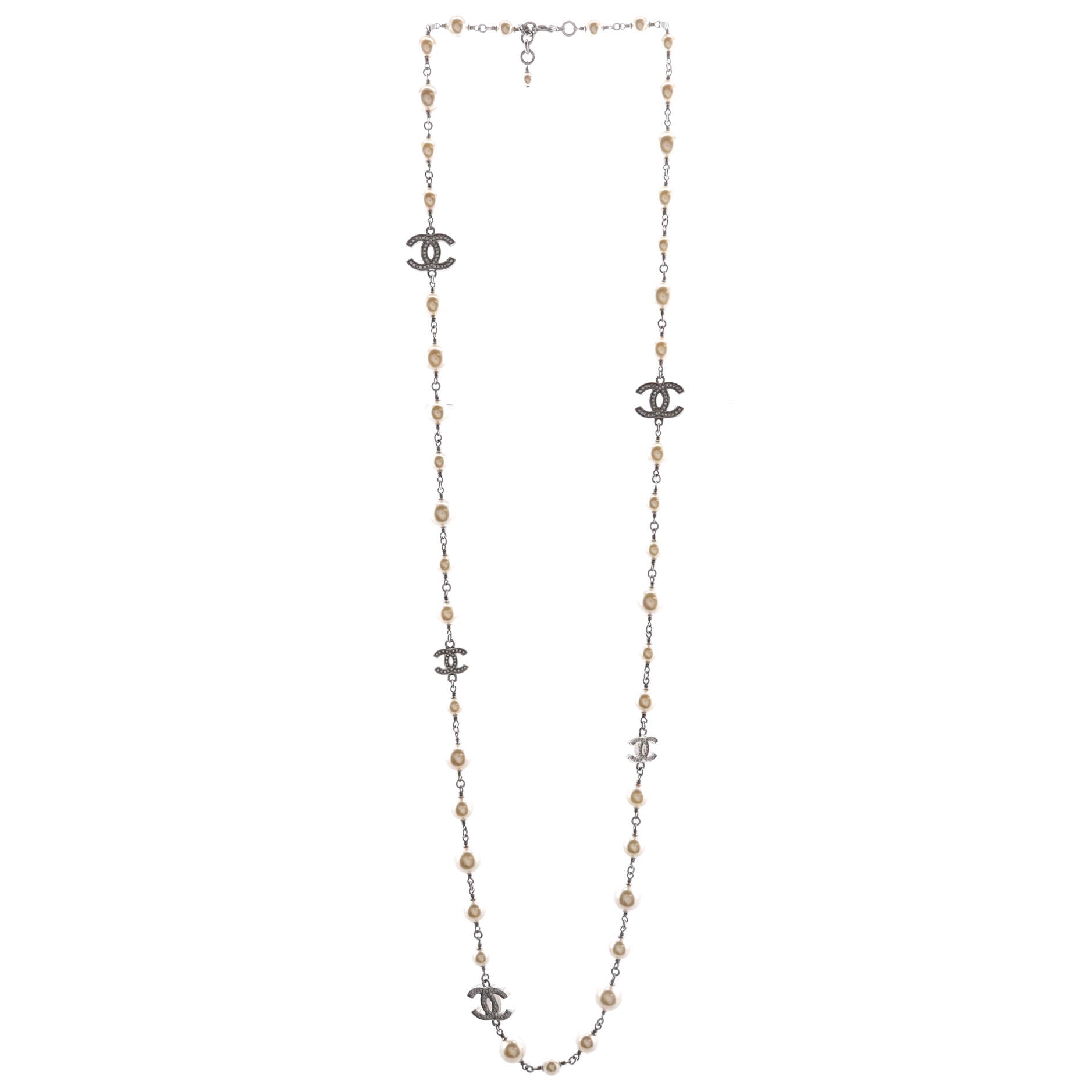 CC Station Long Necklace Metal with Faux Pearls and Crystals
