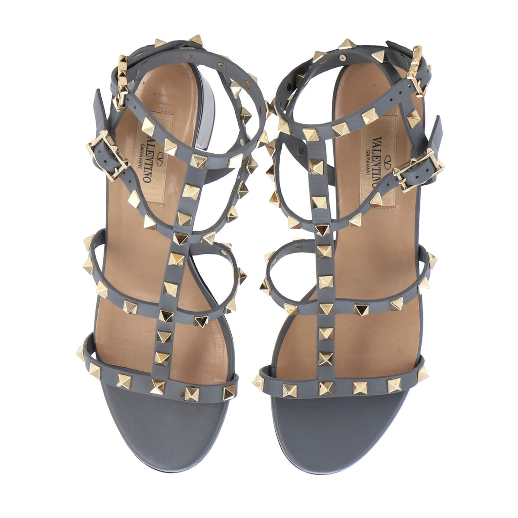 Women's Rockstud Caged Ankle Strap Block Heel Sandals Leather