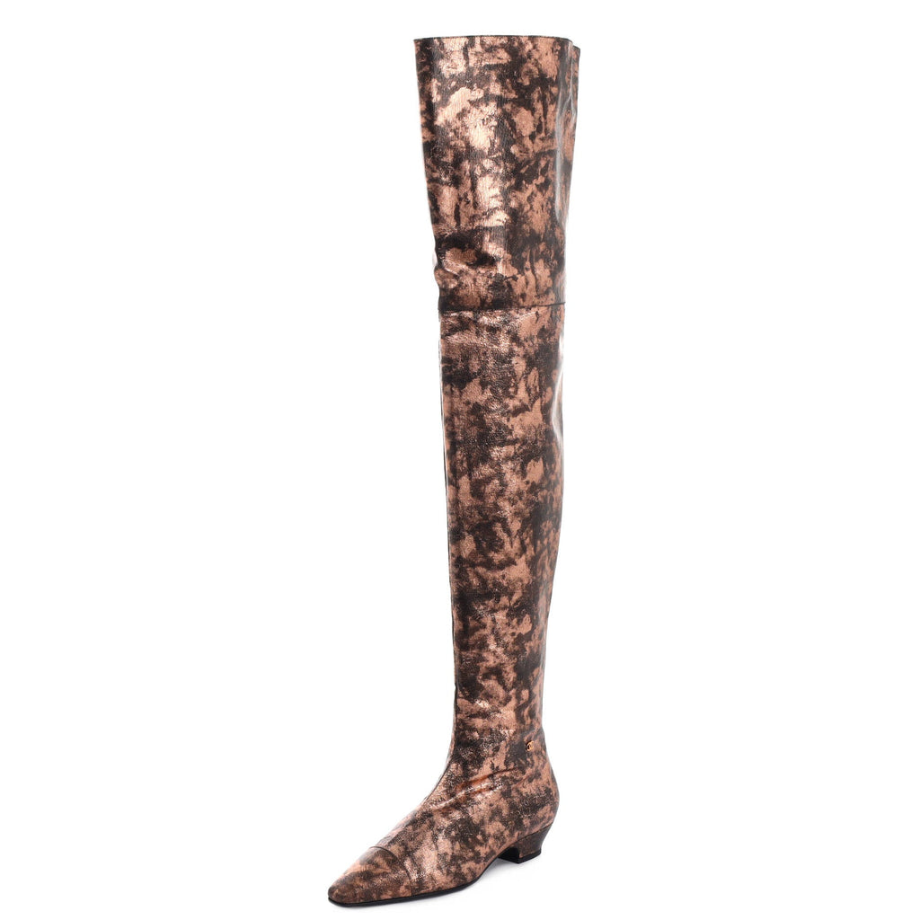 Women's Cap Toe Thigh High Boots Metallic Laminated Goatskin