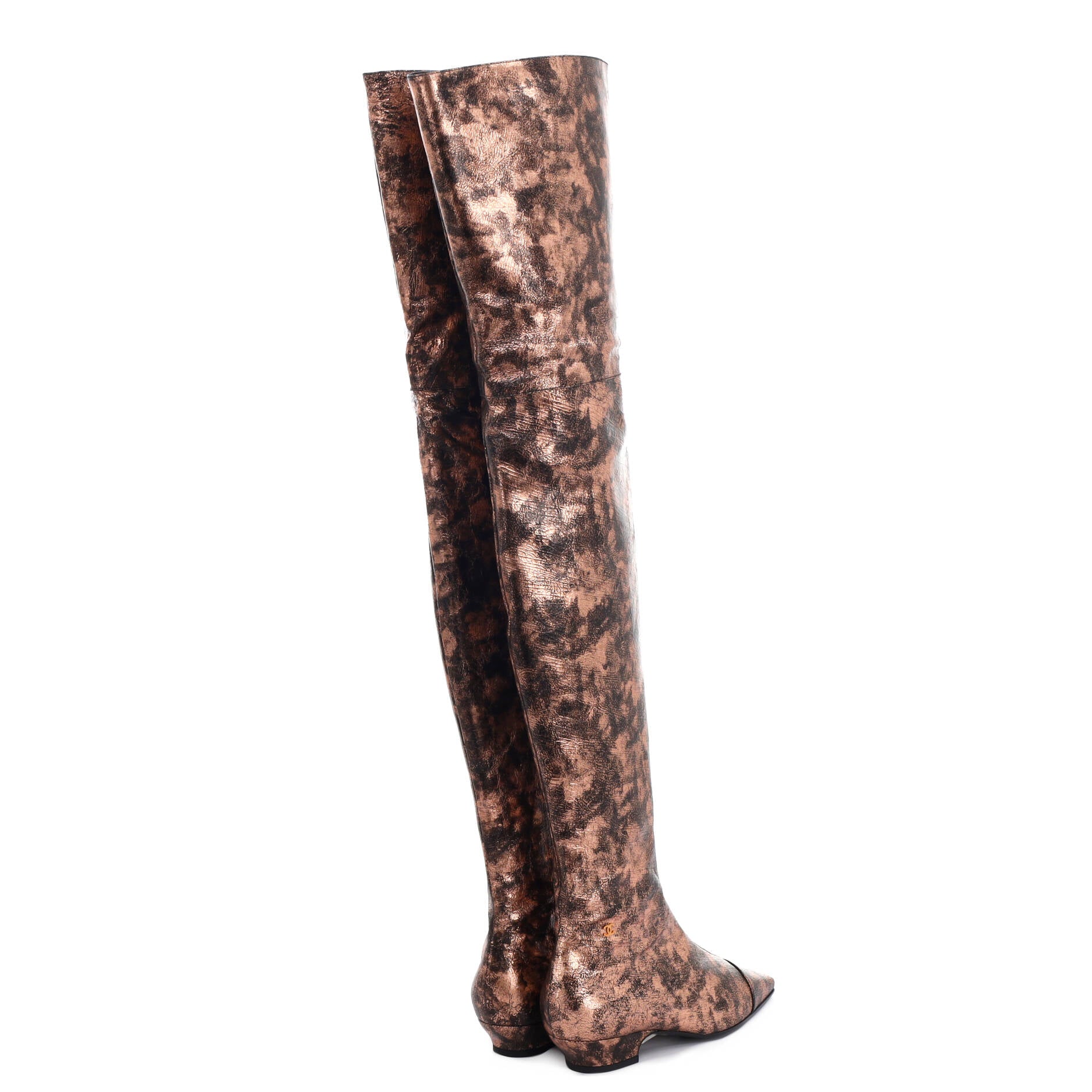 Women's Cap Toe Thigh High Boots Metallic Laminated Goatskin
