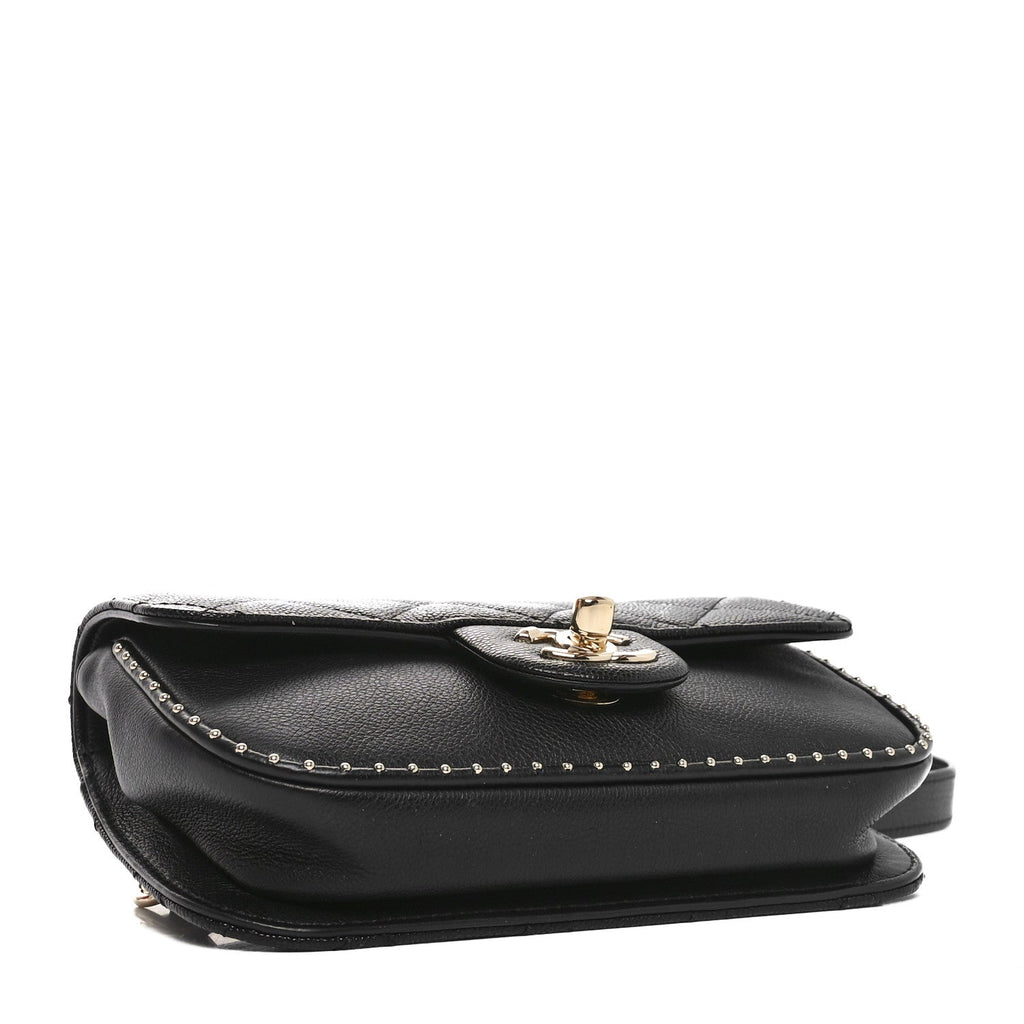 Caviar Quilted Studded Flap Waist Bag Black