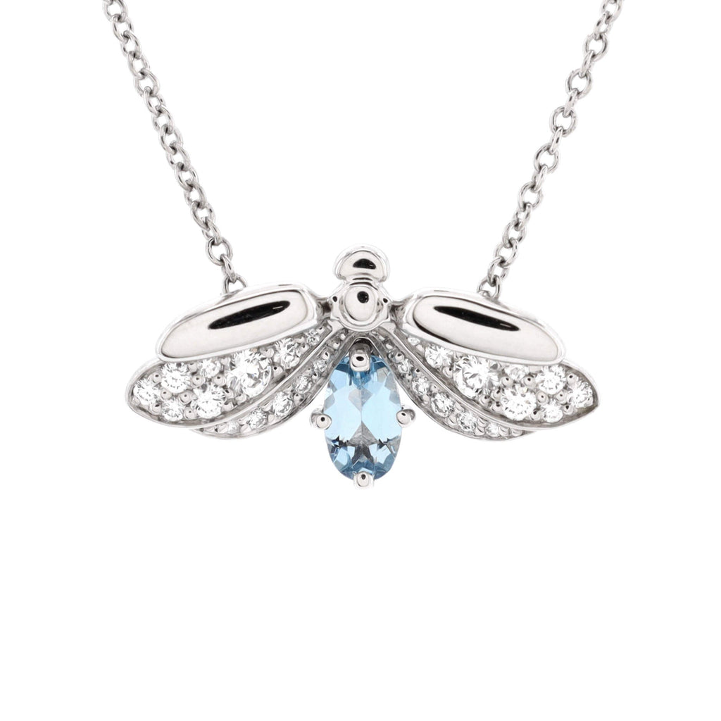Paper Flowers Firefly Pendant Necklace Platinum with Diamonds and Aquamarine Small