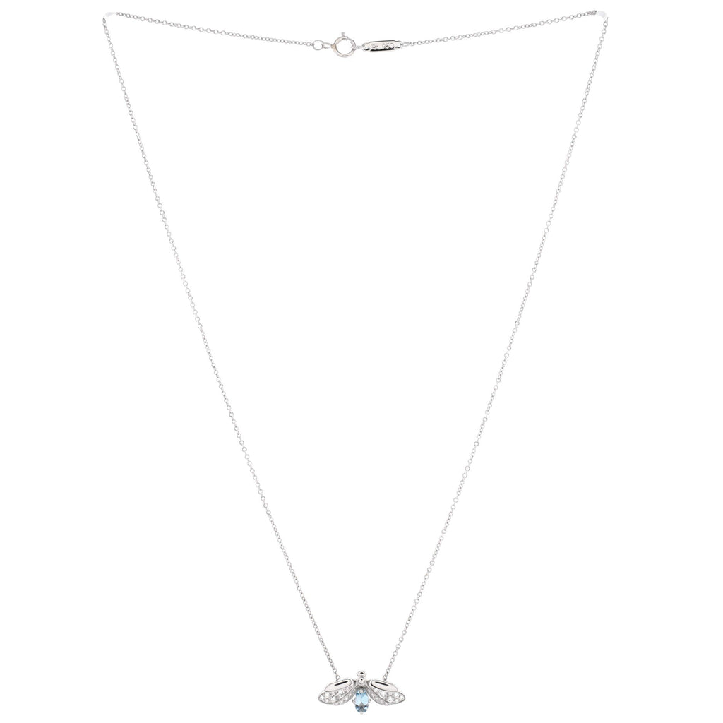 Paper Flowers Firefly Pendant Necklace Platinum with Diamonds and Aquamarine Small