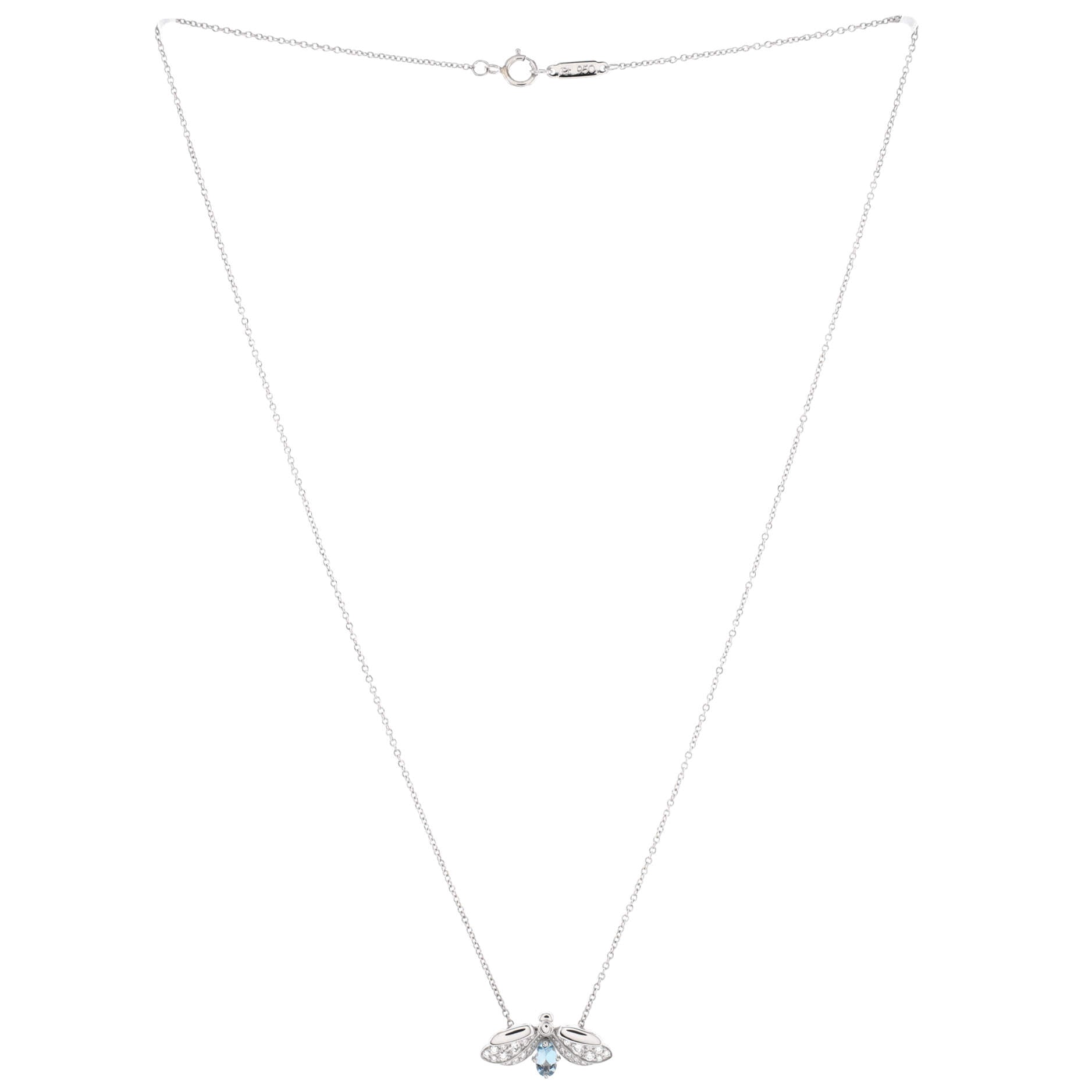 Paper Flowers Firefly Pendant Necklace Platinum with Diamonds and Aquamarine Small