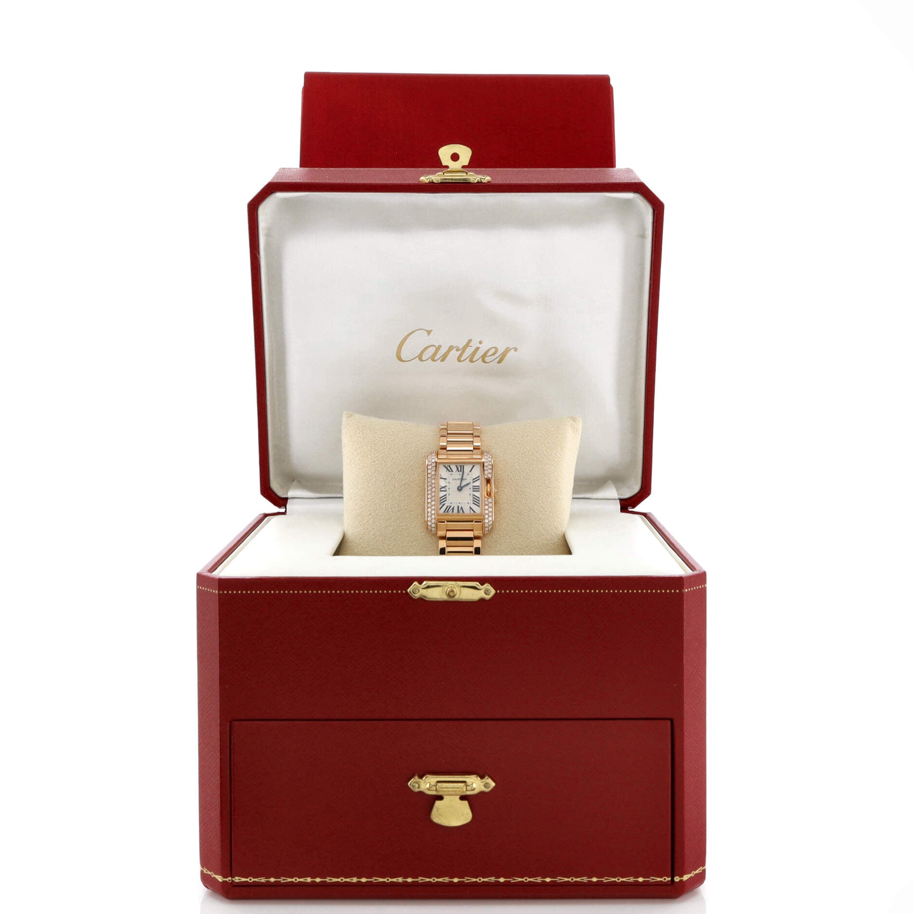 Tank Anglaise Quartz Watch Rose Gold with Diamond Bezel 23