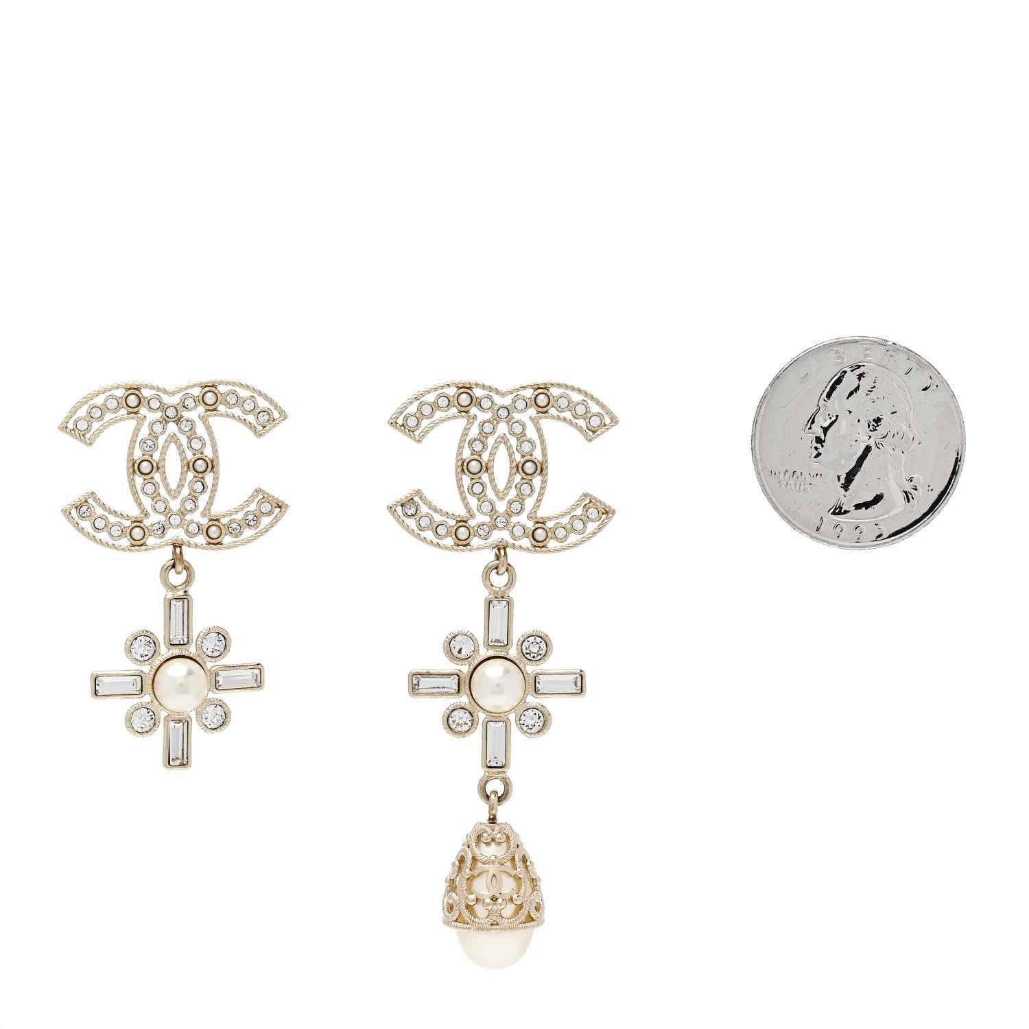 Metal Pearl Crystal CC Twist Teardrop Drop Earrings Gold