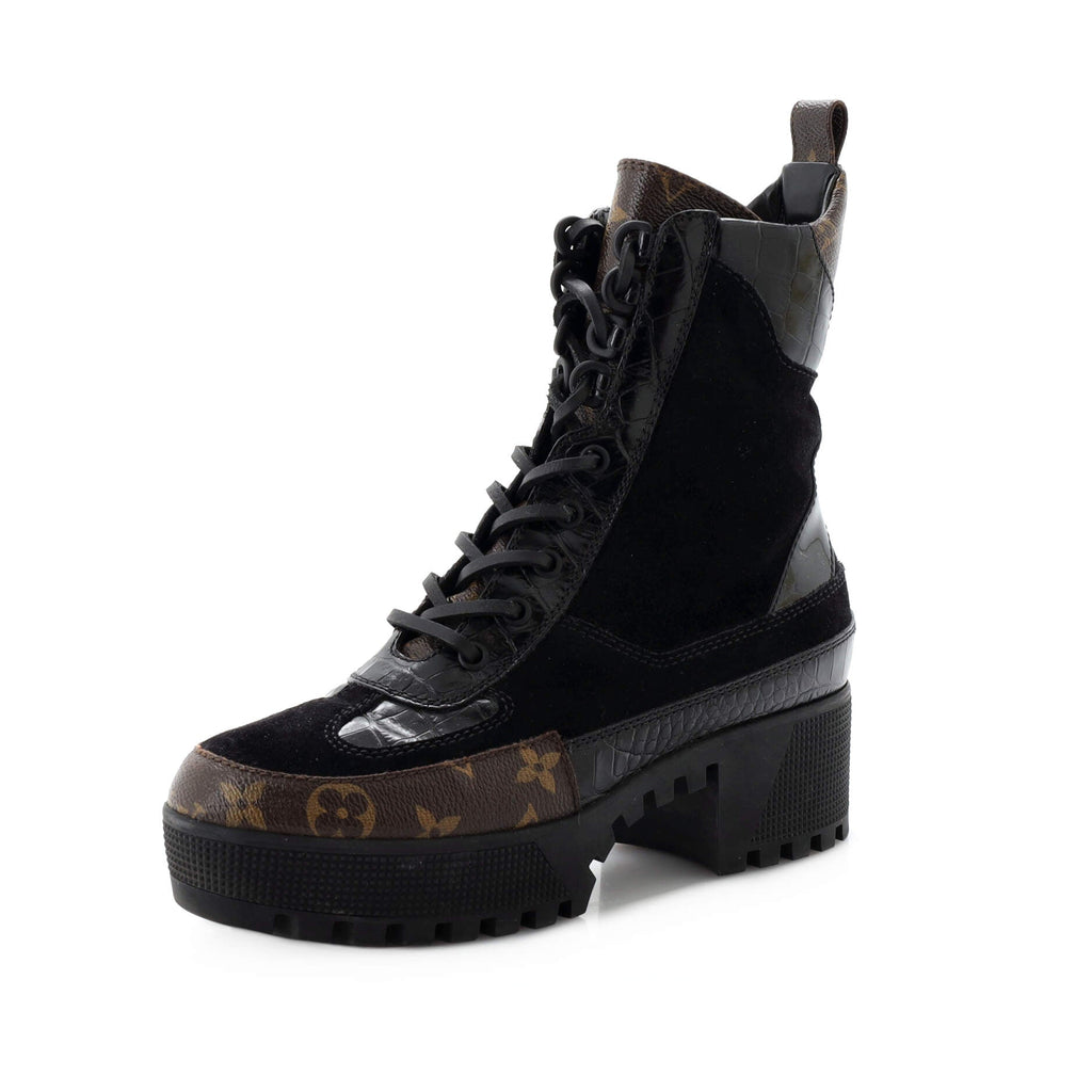 Women's Laureate Platform Desert Boots Suede with Monogram Canvas and Crocodile Embossed Patent