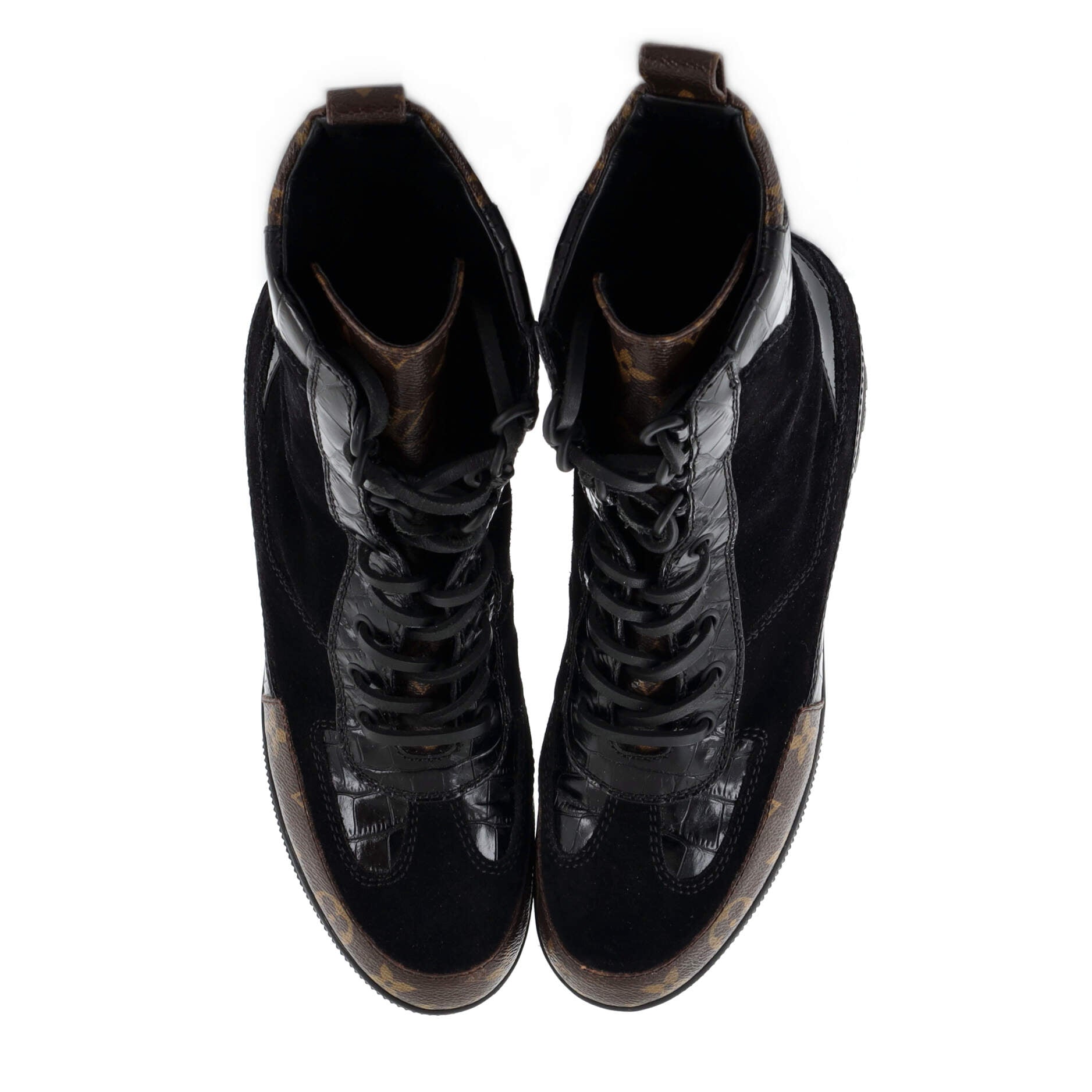 Women's Laureate Platform Desert Boots Suede with Monogram Canvas and Crocodile Embossed Patent