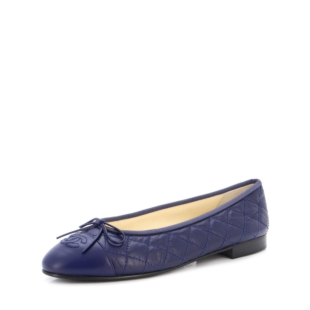Women's CC Cap Toe Bow Ballerina Flats Quilted Leather