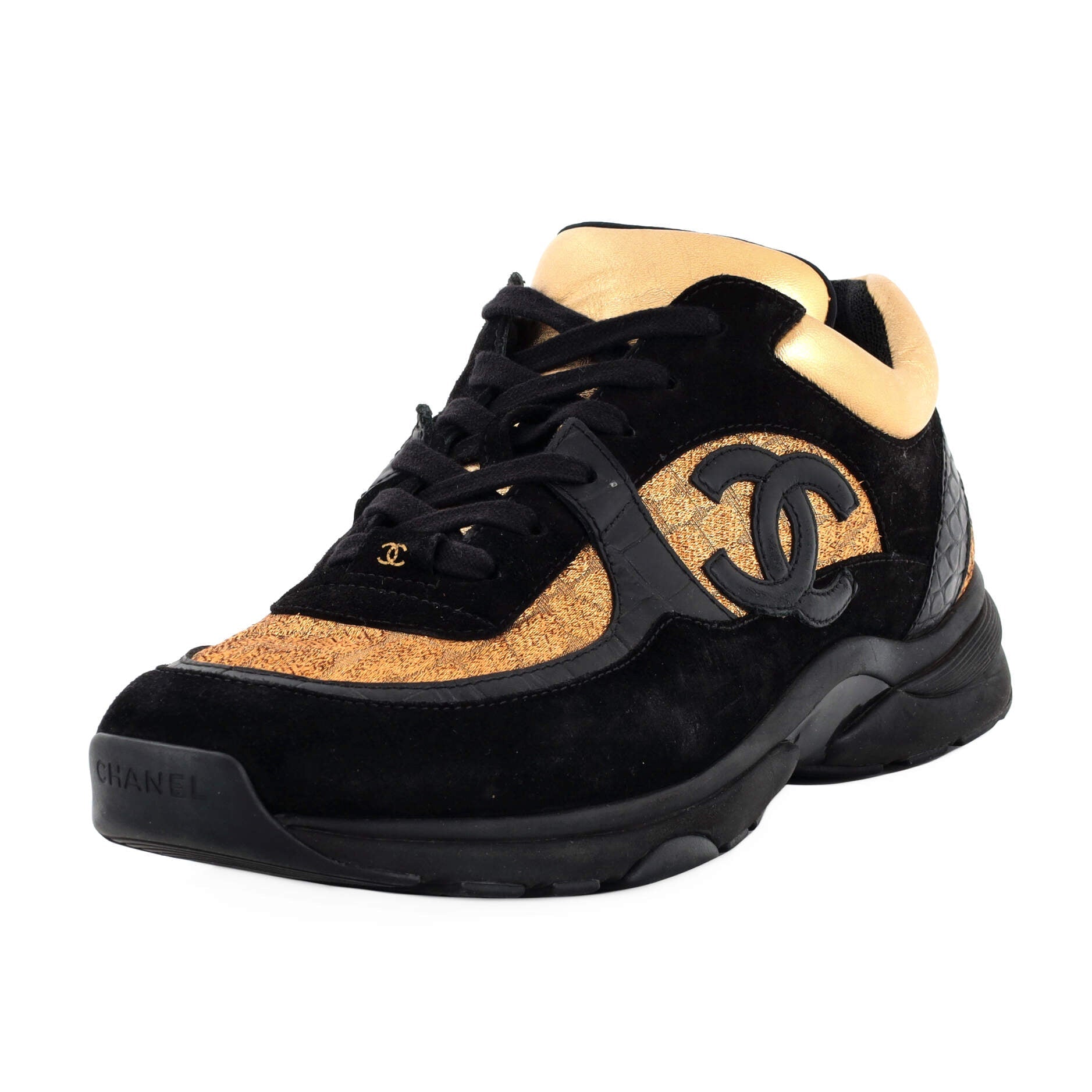 Women's CC Low-Top Sneakers Suede with Fabric and Crocodile Embossed Leather Detail