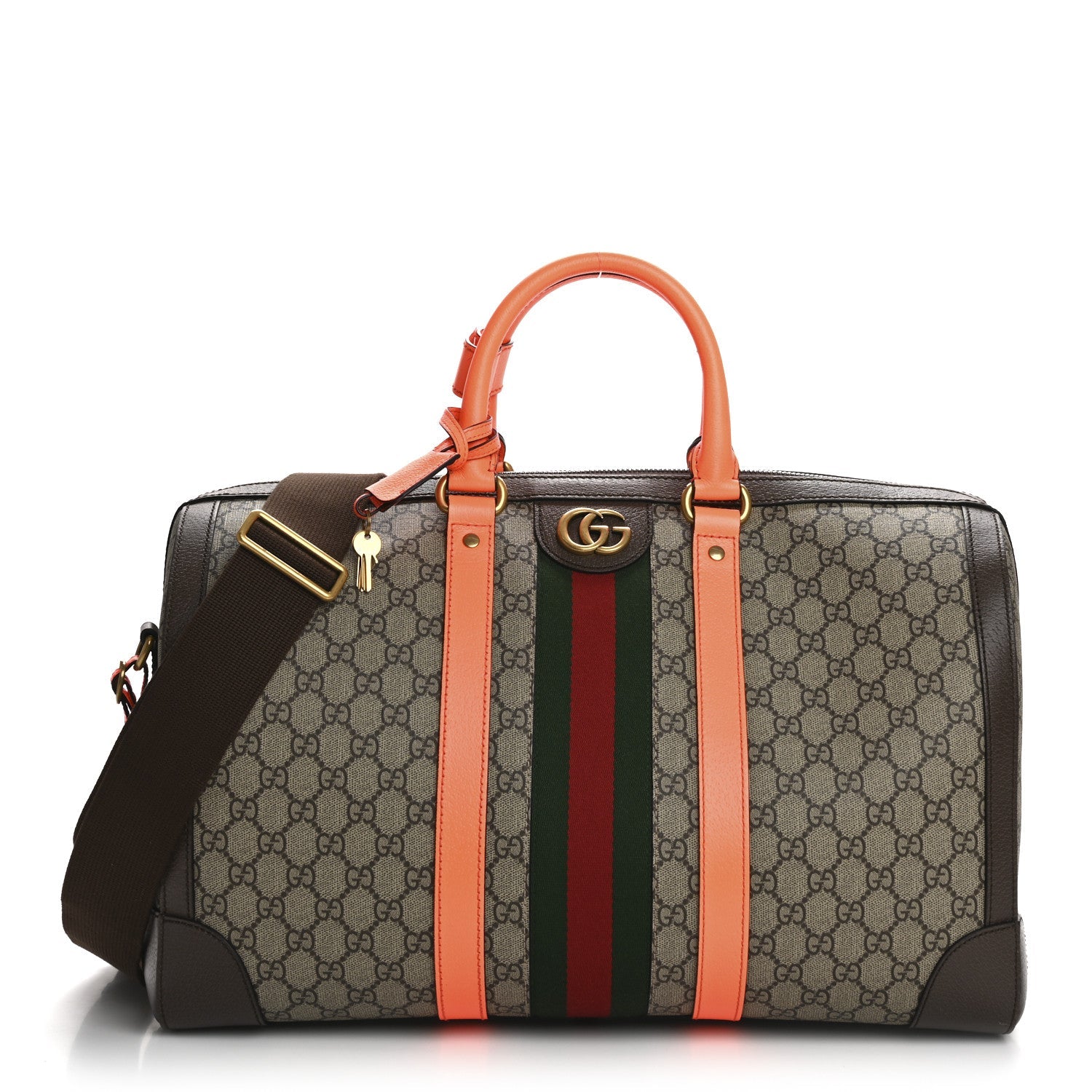 GG Supreme Monogram Textured Dollar Calfskin Web Medium Savoy Duffle Bag Beige Ebony Fluorescent Orange