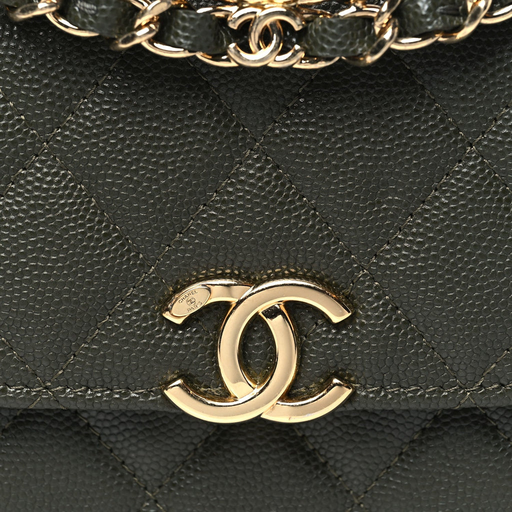 Caviar Quilted Coco First Clutch With Chain Khaki