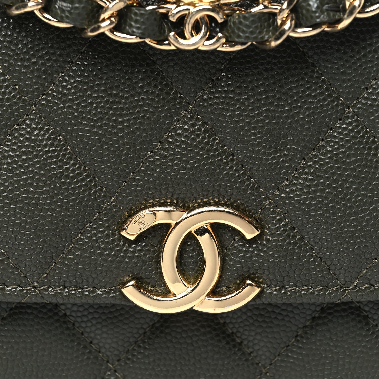 Caviar Quilted Coco First Clutch With Chain Khaki