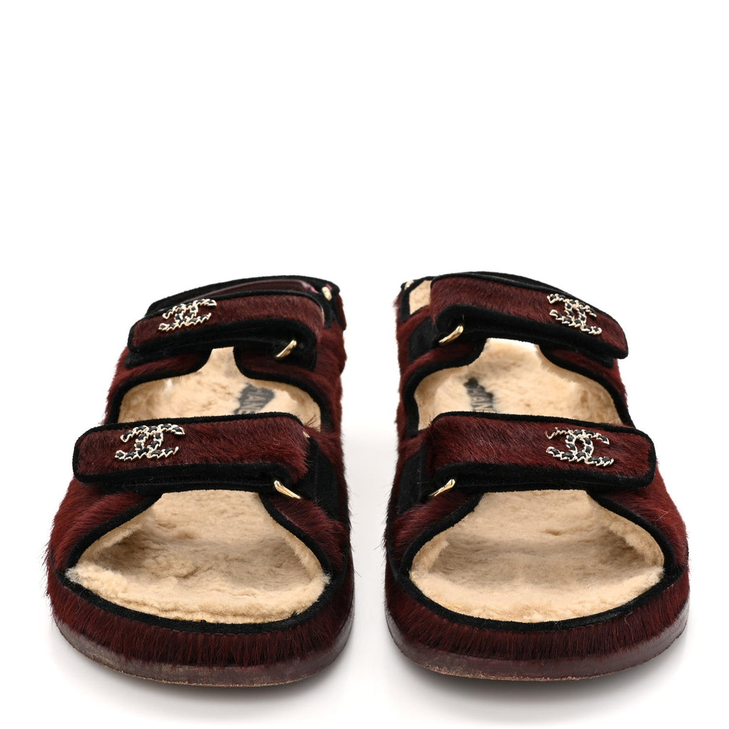 Calf Hair Suede Shearling Dad Sandals 38 Burgundy Black