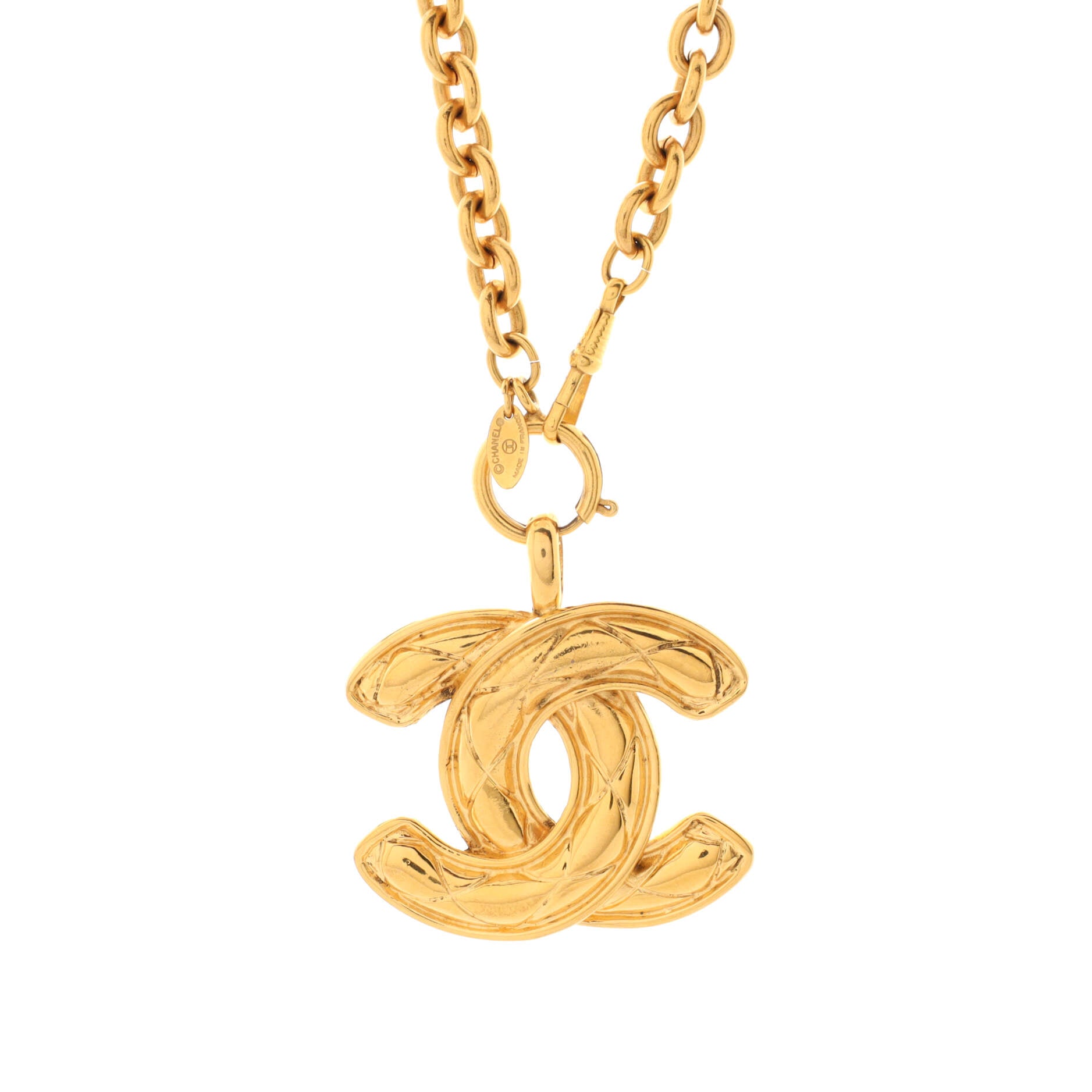 Vintage Quilted CC Pendant Necklace Metal Large