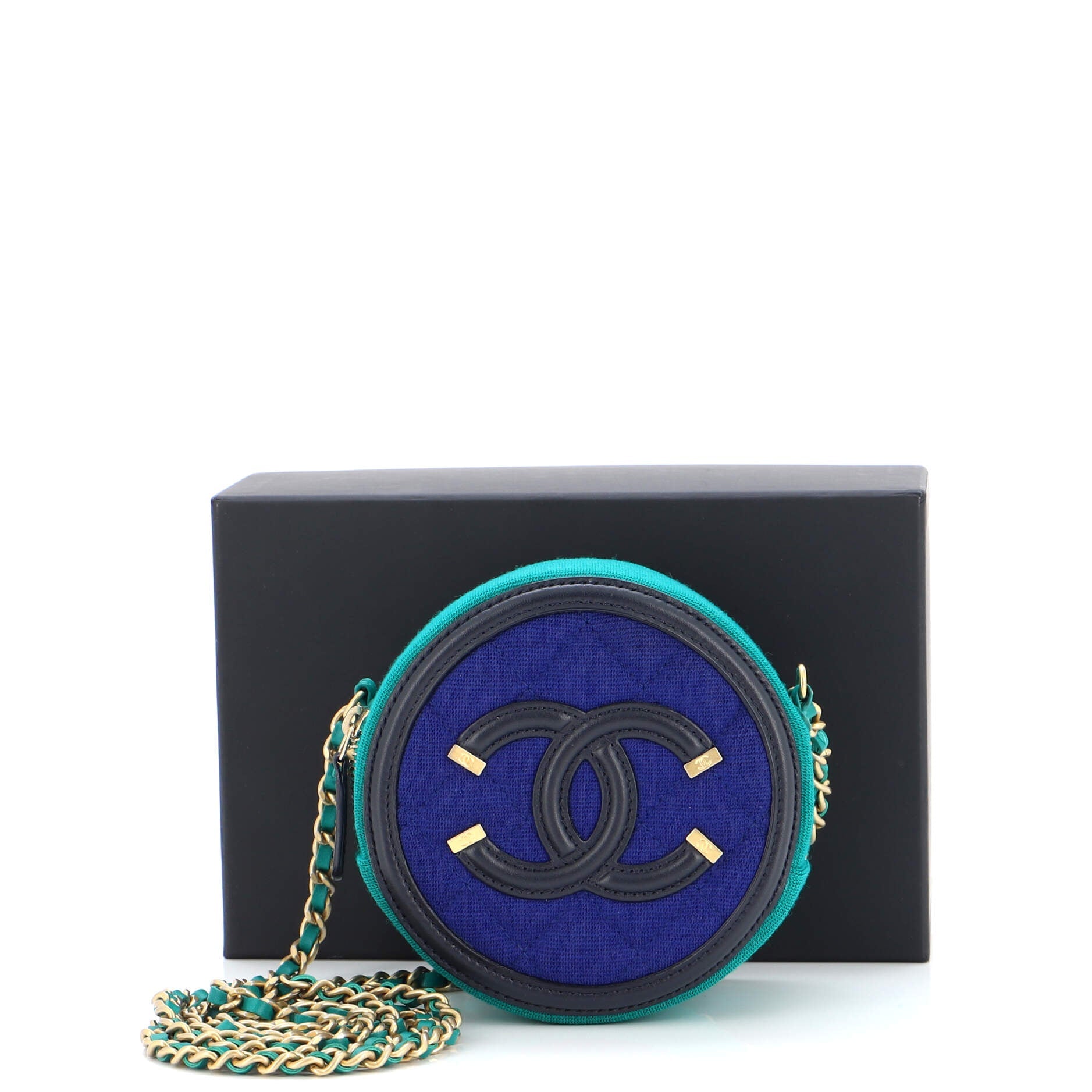 Filigree Round Clutch with Chain Quilted Jersey with Lambskin Mini
