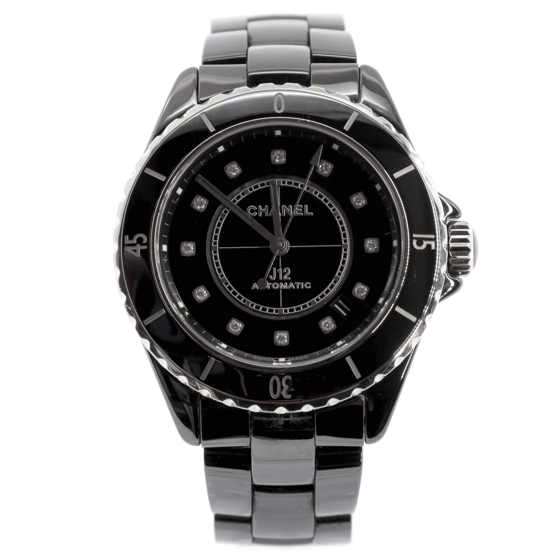 J12 Automatic Watch Ceramic and Stainless Steel with Diamond Markers 38