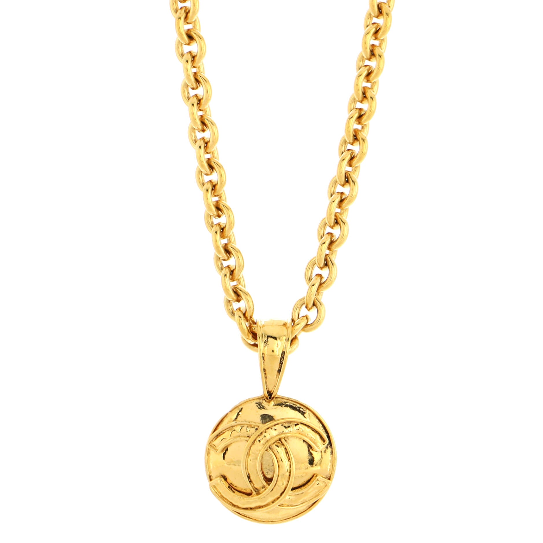 Vintage CC Round Pendant Necklace Metal