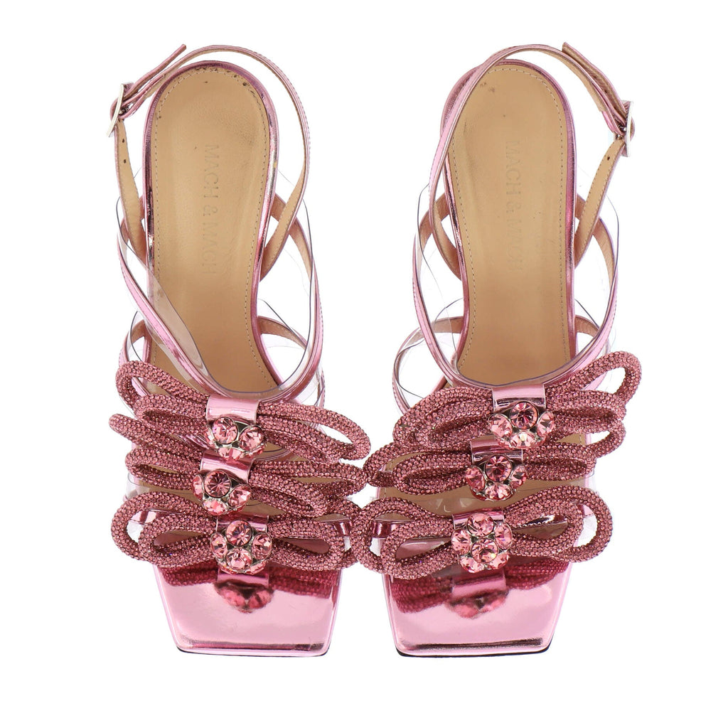 Women's Triple Bow Square Toe Heeled Sandals Metallic Leather and PVC 95