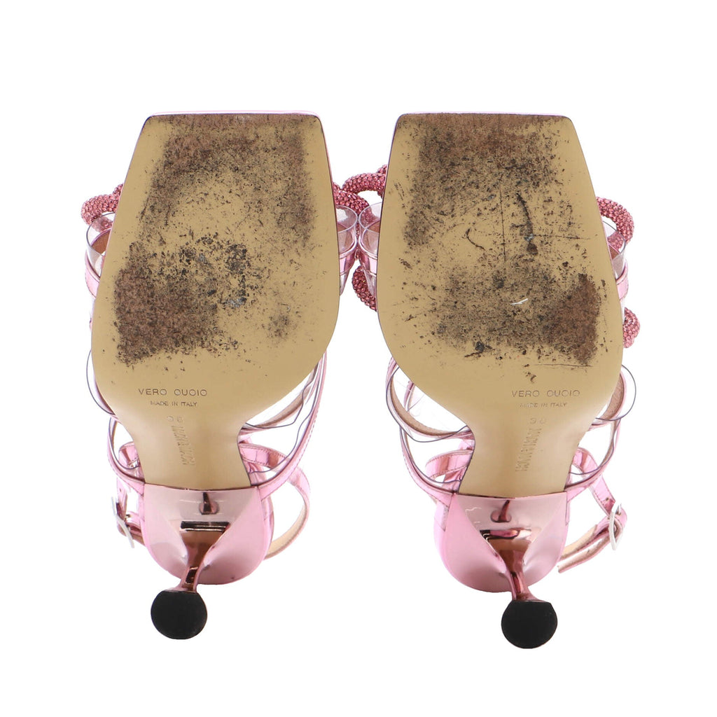 Women's Triple Bow Square Toe Heeled Sandals Metallic Leather and PVC 95