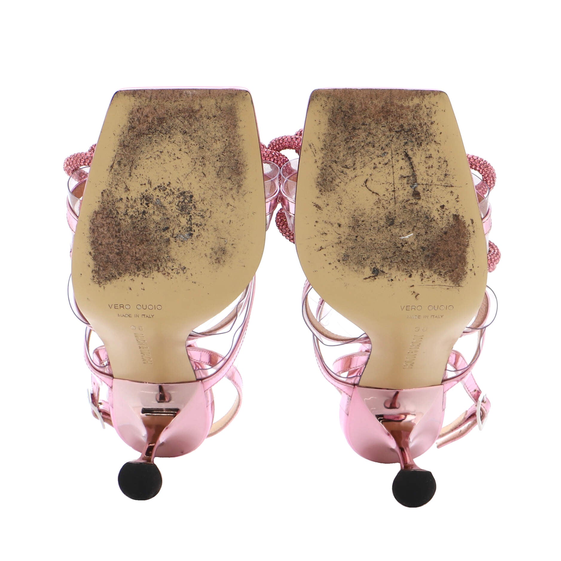 Women's Triple Bow Square Toe Heeled Sandals Metallic Leather and PVC 95