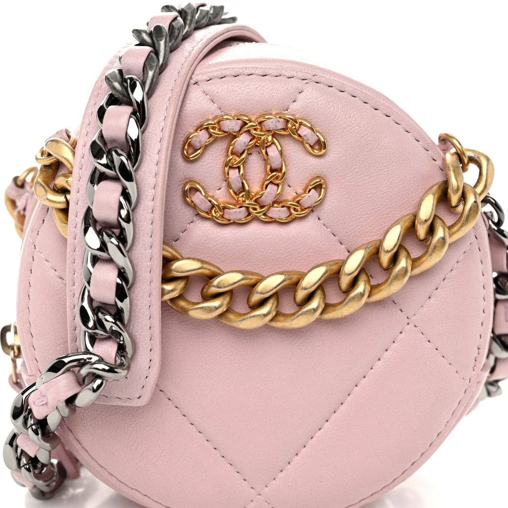 Lambskin Quilted Chanel 19 Round Clutch With Chain Pink