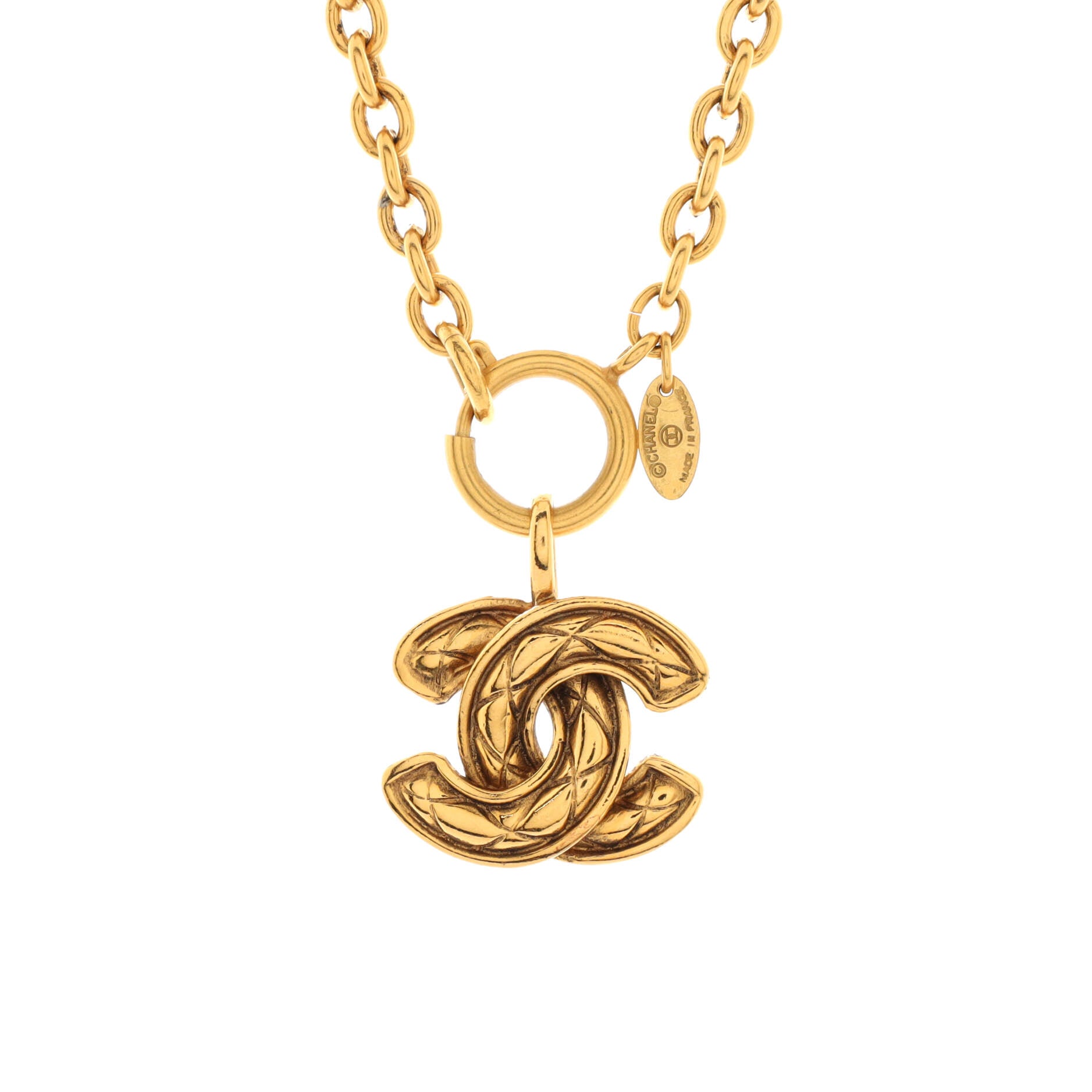 Vintage Quilted CC Pendant Necklace Metal Large