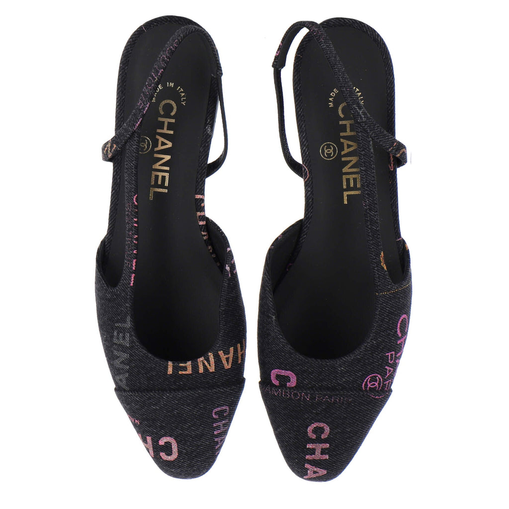 Women's Denim Mood Cap Toe Slingback Flats Logo Printed Denim