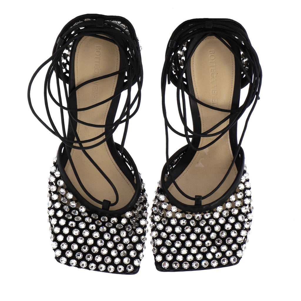 Women's Sparkle Stretch Heeled Sandals Crystal Embellished Mesh and Leather