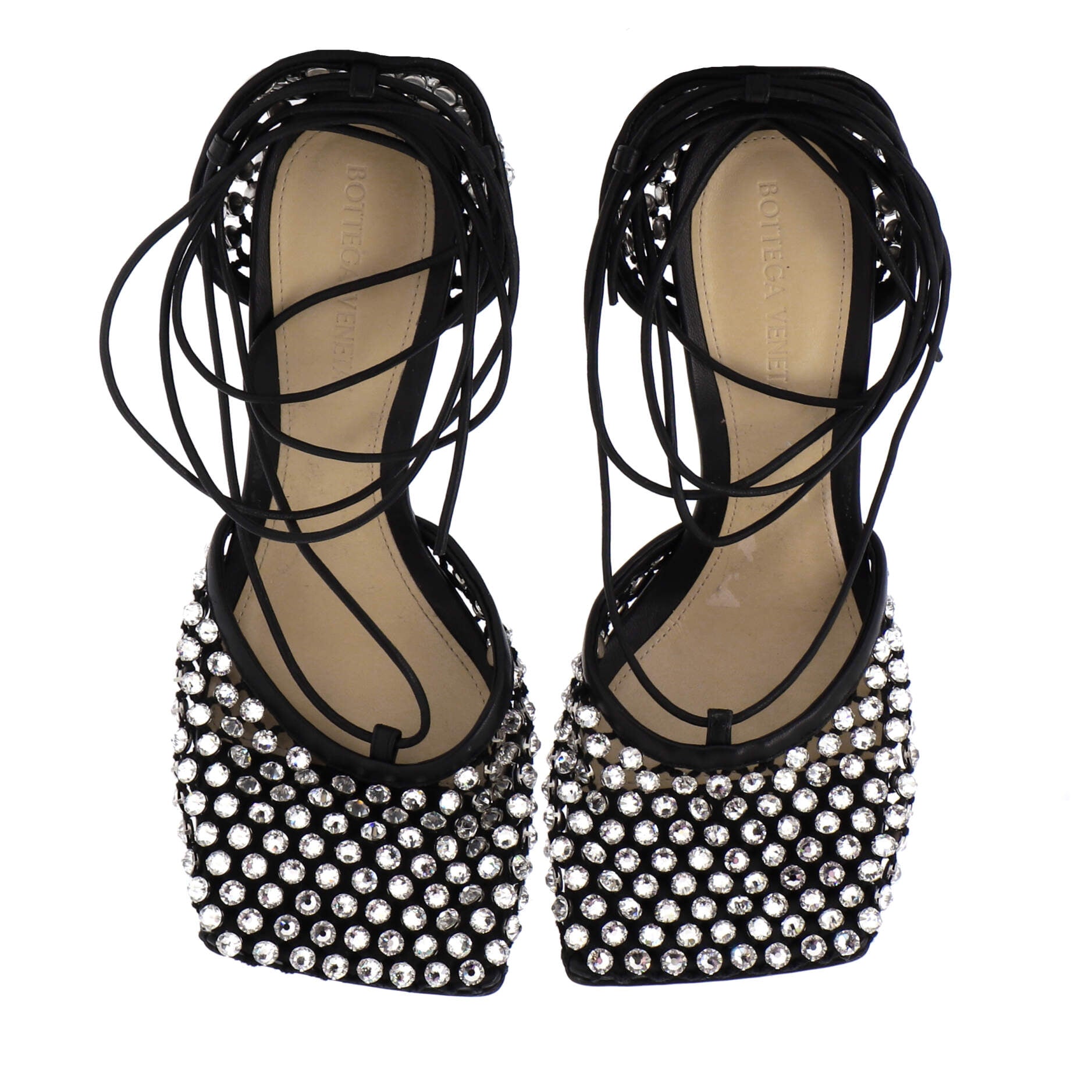 Women's Sparkle Stretch Heeled Sandals Crystal Embellished Mesh and Leather