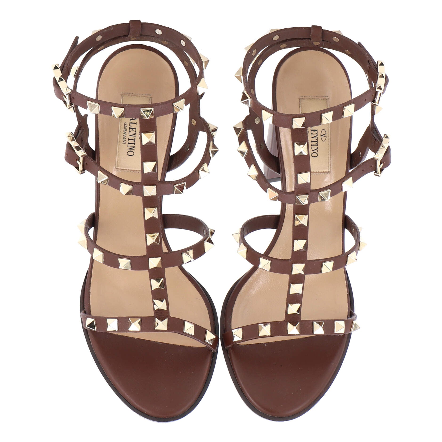 Women's Rockstud Caged Ankle Strap Block Heel Sandals Leather