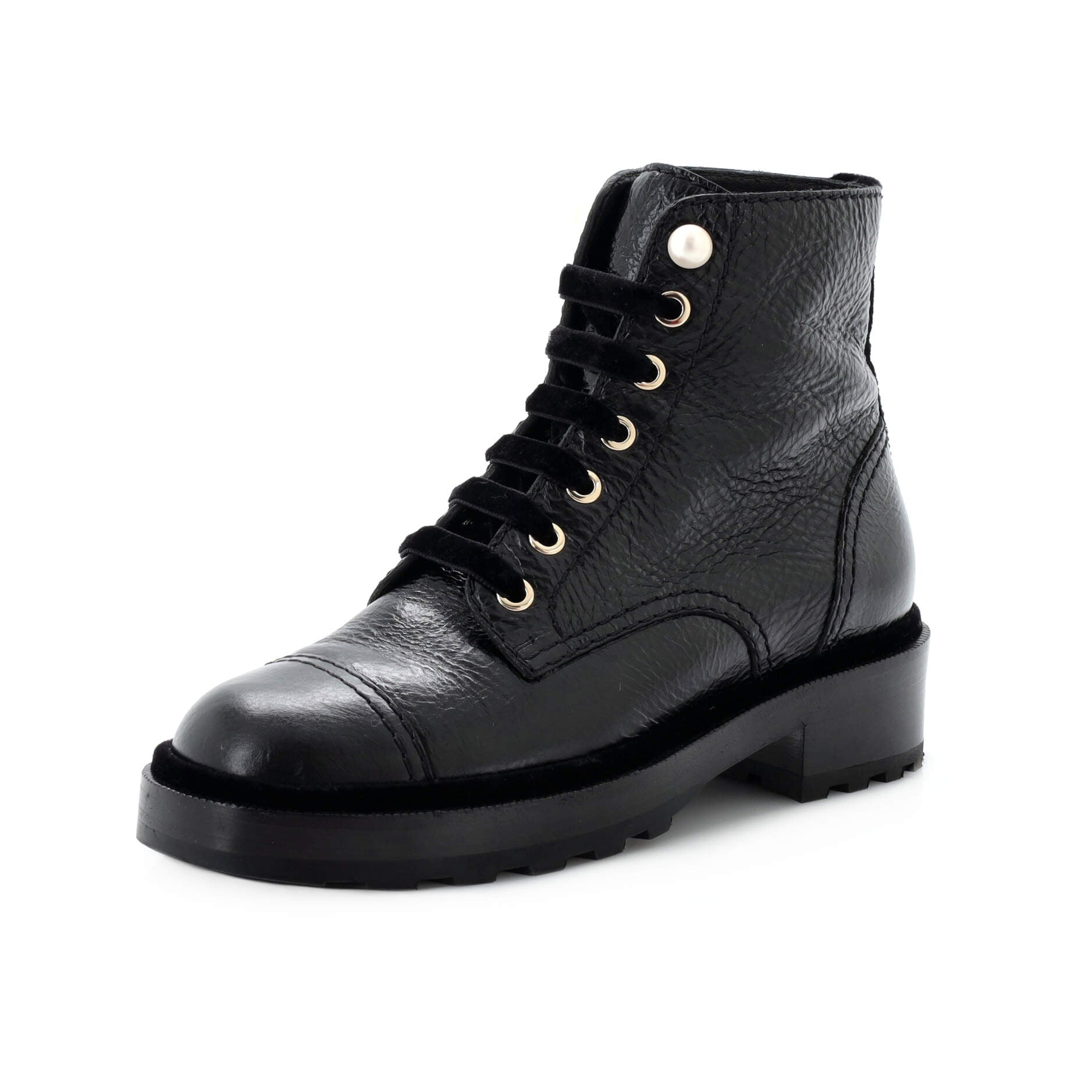 Women's CC Combat Boots Crumpled Calfskin with Faux Pearls