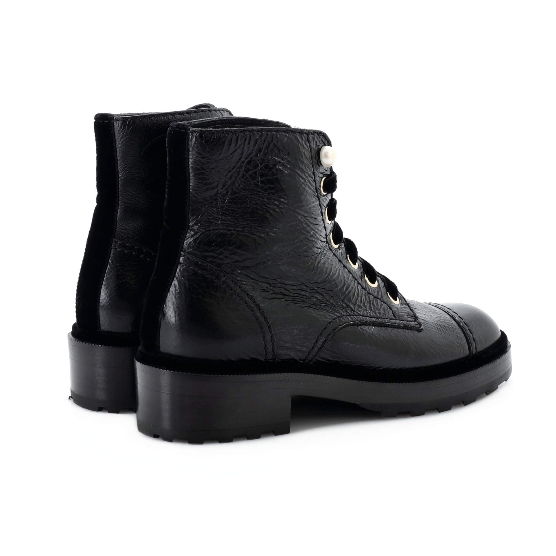 Women's CC Combat Boots Crumpled Calfskin with Faux Pearls