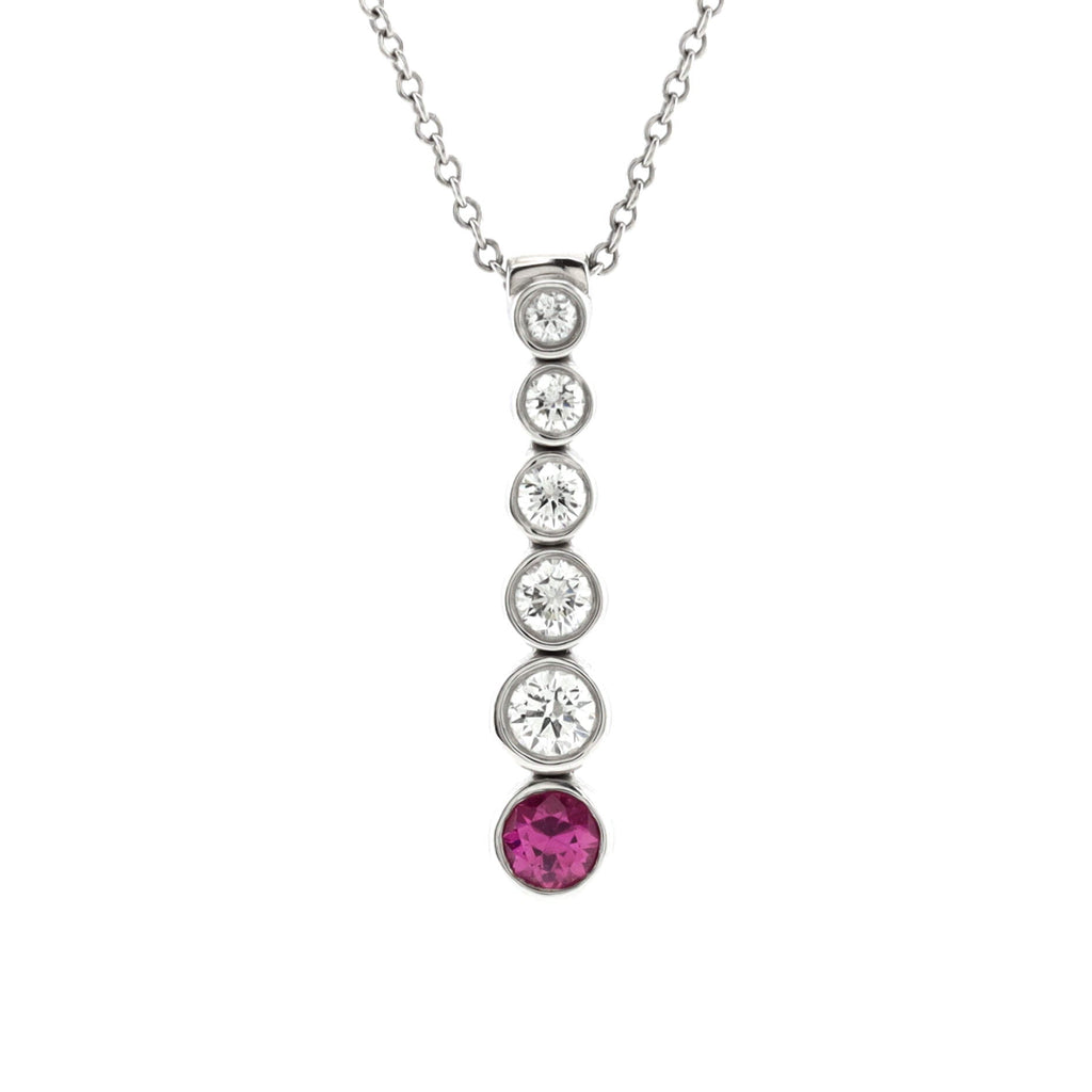 Jazz Graduated Drop Pendant Necklace Platinum with Diamonds and Pink Sapphire