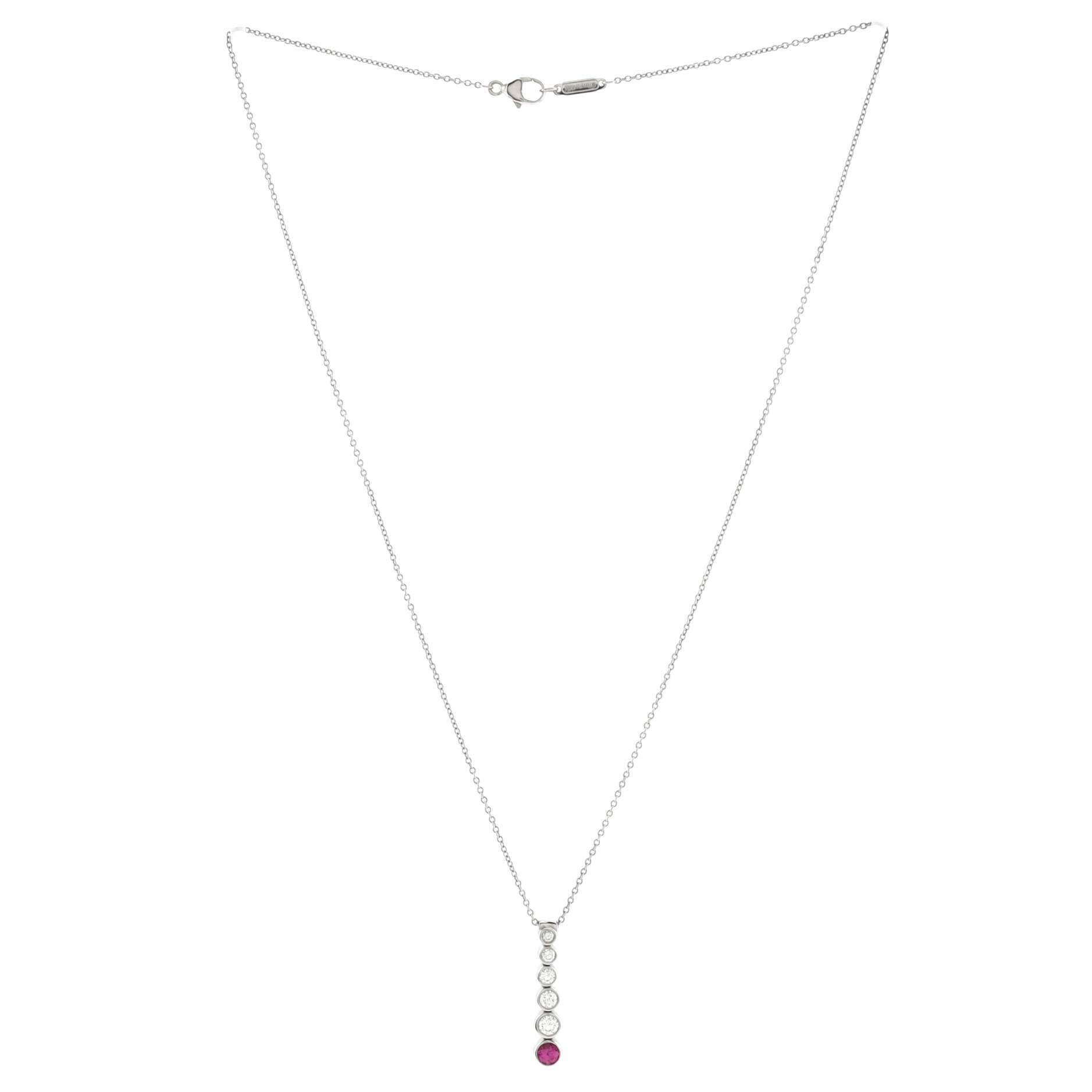 Jazz Graduated Drop Pendant Necklace Platinum with Diamonds and Pink Sapphire